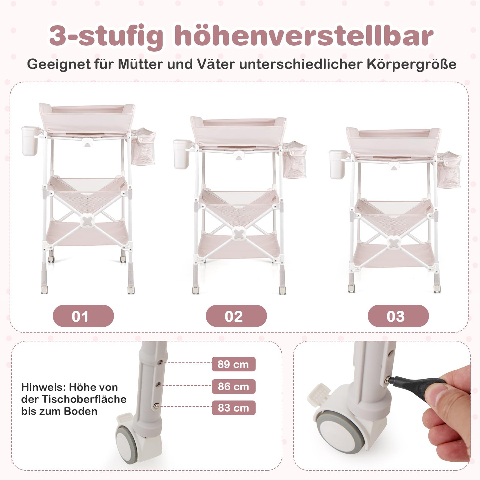 COSTWAY 5 in 1 Wickelkommode, Wickeltisch klappbar, Wickelstation höhenverstellbar mit Seitenkorb, Regalen & Mülleimer, tragbares Baby Changing Table mit Rollen für Neugeborene & Säuglinge (Beige)