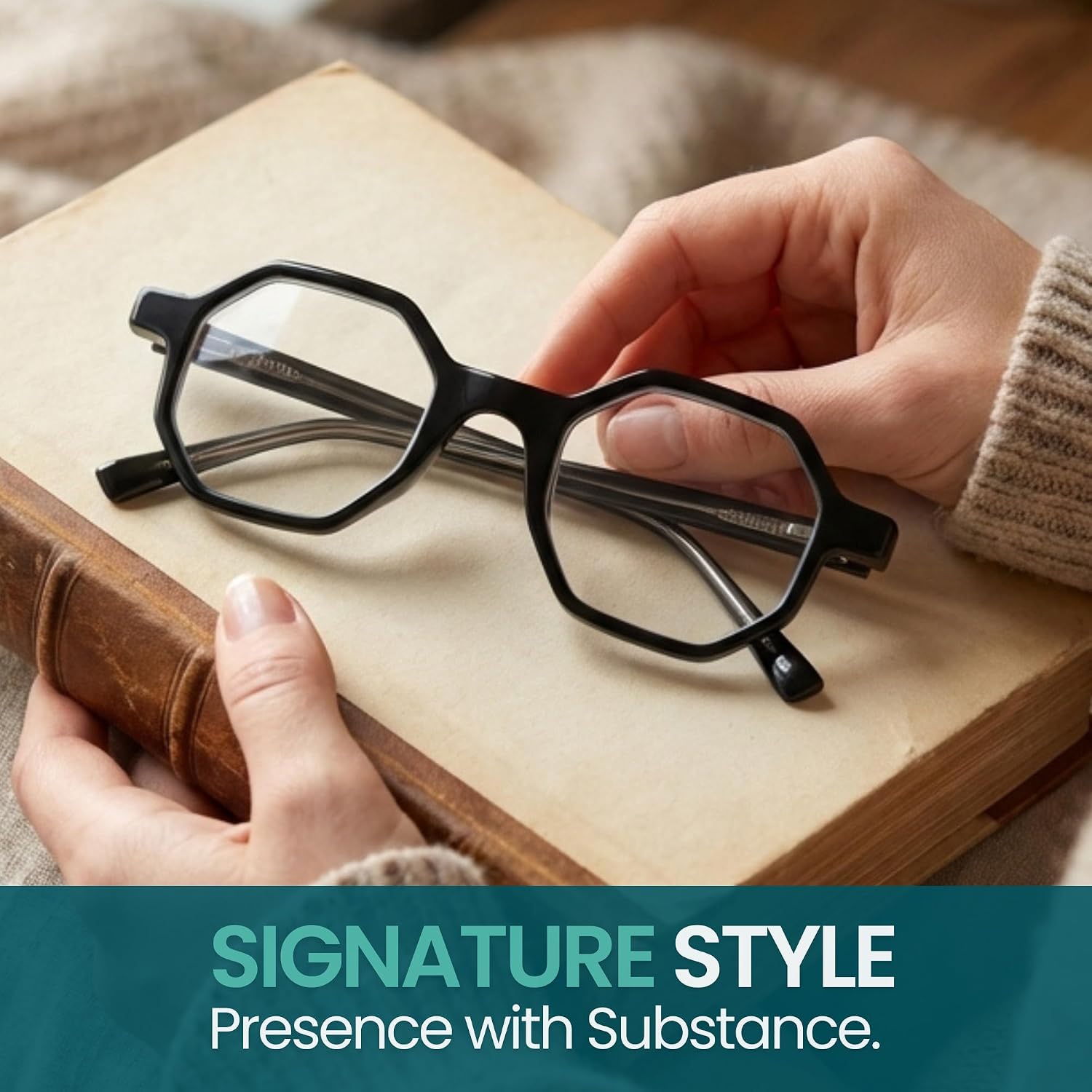 2SeeLife Oversized Hexagon TR-90 Reading Glasses for Men & Women – Medium–Wide Fit, Durable, Spring Hinges, Premium Readers, Black, +2.25