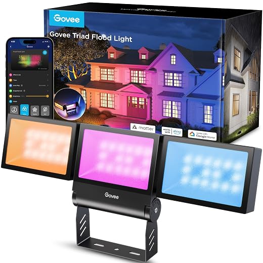Govee Triad Outdoor Flood Lights, RGBIC Multicolor Outdoor Flood Lights with 4500LM Warm White and Cool White, Smart WiFi Flood Light with App Control, Aluminum Alloy, IP66 for Halloween Decor