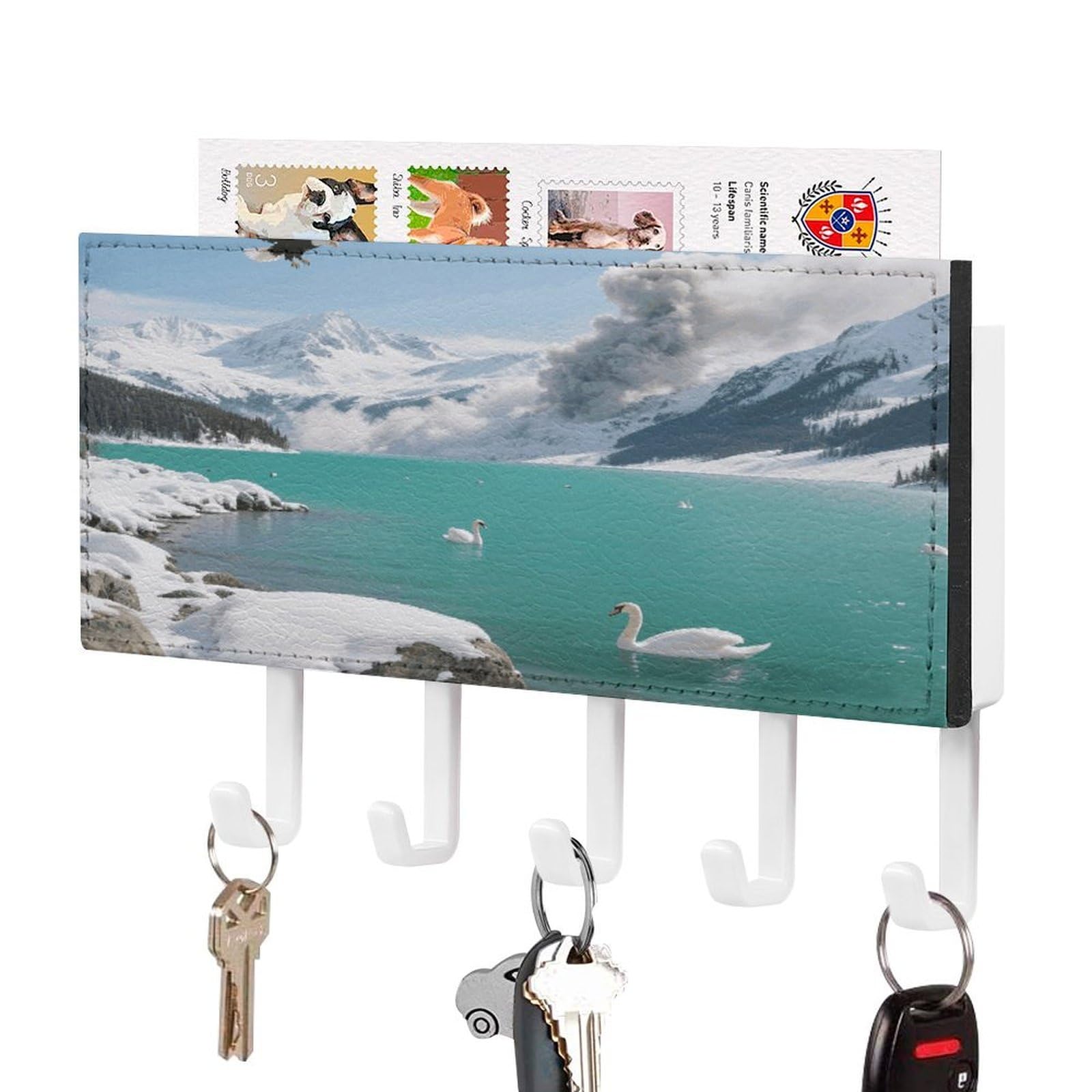 FekiLoot Alpine Lake View Key Holder Wall Mount Key Hanger with 5 Hooks Decorative Key Rack Hanging Key Hooks with Mail Organizer Key Holder for Wall Living Room Kitchen Bathroom Hallway White