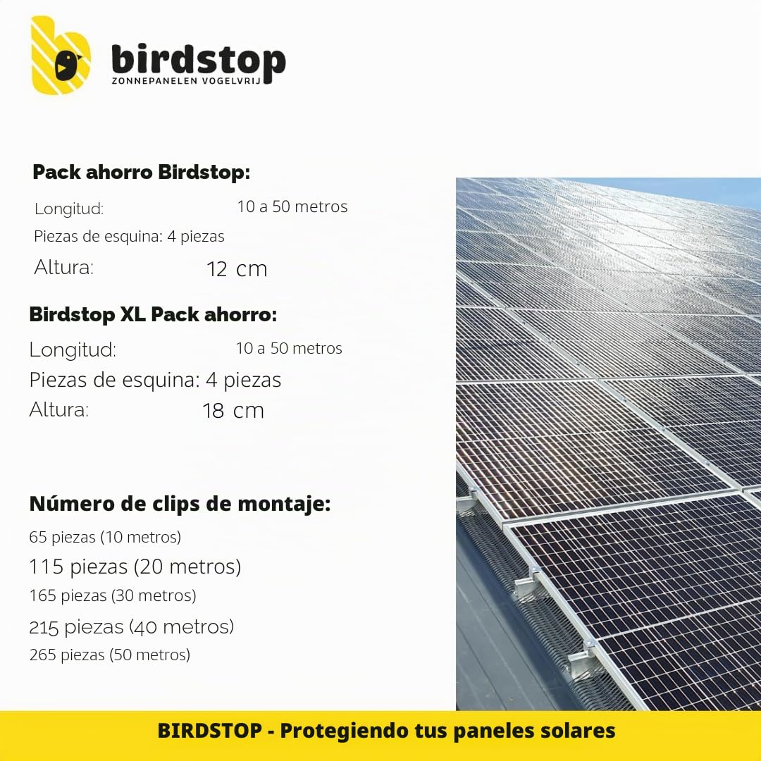 Set de protección solar Birdstop XL, sistema de energía fotovoltaica para repeler palomas - Protección solar contra aves y palomas - 30 metros, 18 cm de altura, 4 piezas de esquina y fijación