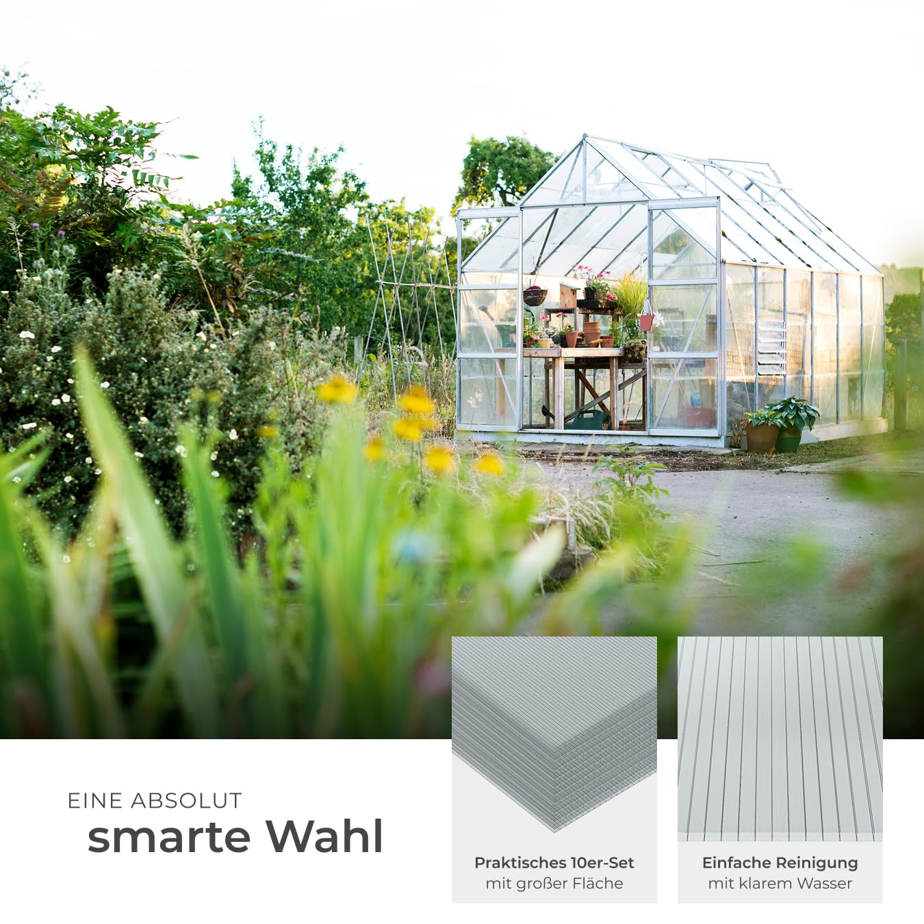 tectake® Polycarbonat Doppelstegplatten, 10x Platte, UV-beständige Kunststoffpaneele, Stegplatten Kunststoffplatte Gewächshaus, Terrassenüberdachung, Frühbeetaufsatz - 121 x 60,5 x 0,4 cm