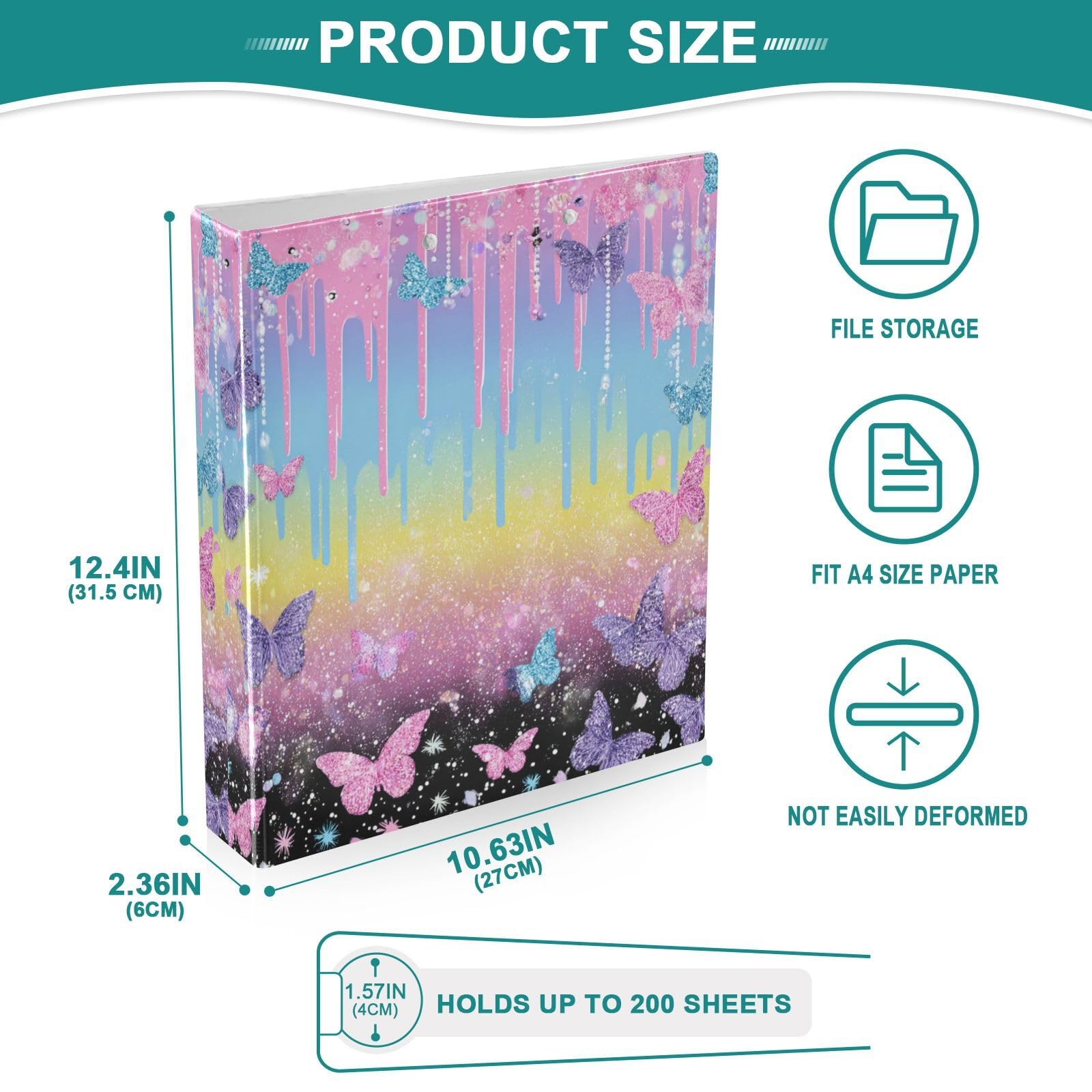 Kcldeci Raccoglitore a 3 anelli con copertina rigida per carta formato lettera, farfalle glitterate glitterate, anelli rotondi da 3,8 cm, organizer per scuola/ufficio, confezione da 2