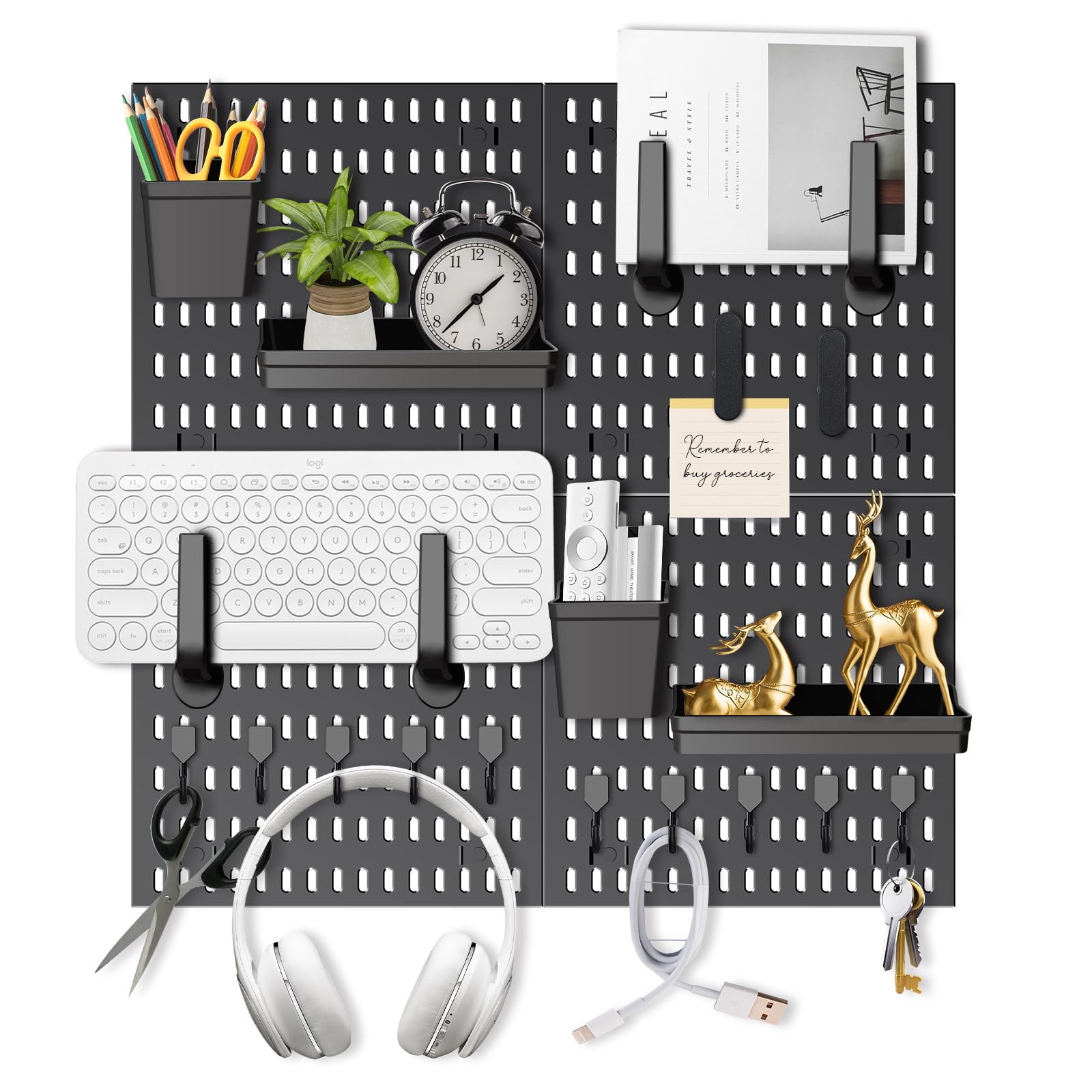 Set combinado de organizador de pared con panel enchufable y 4 losetas de 30 x 30 cm + 20 piezas de accesorios para almacenamiento, organización y decoración, combinación libre y fácil