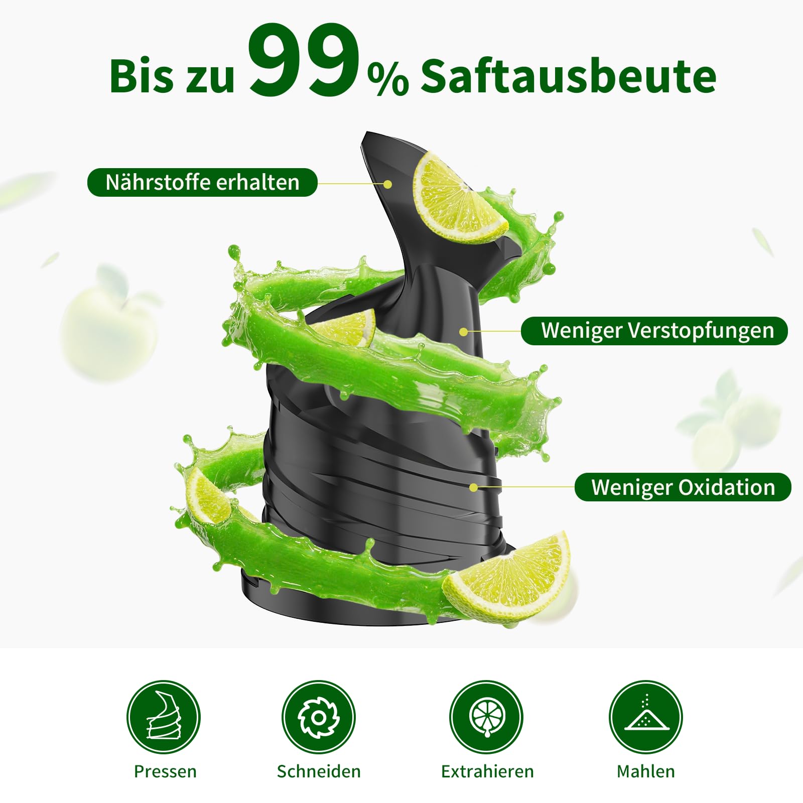 Extracteur de Jus à Froid 400W, Goulotte XL 152 mm, Tamis 3-en-1, Sans BPA, 1,8L