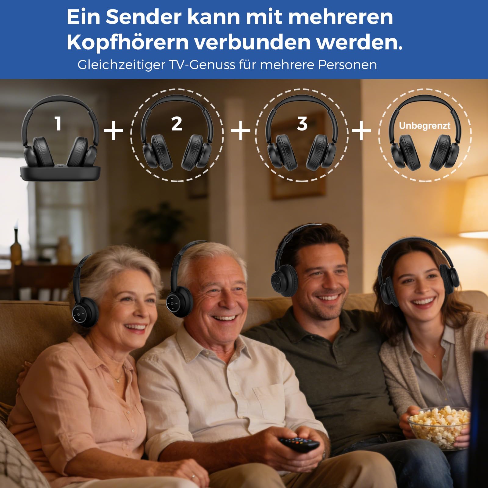 Funkkopfhörer für Fernseher, kabellose TV-Kopfhörer mit TV-Sender-Ladestation für Senioren,Keine Audioverzögerung, Geeignet für Senioren oder Eltern, Schwarz