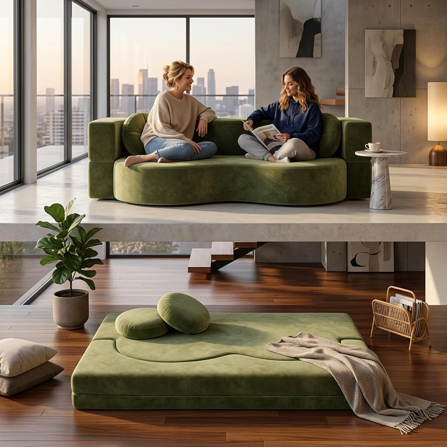 Umwandlungsbarer Sofabett Für Das Wohnzimmer,Knochenloser Sofa, Komprimierter Zweisitzer Mit Hochdichtschaum, Abnehmbarer Gewebebezug, Keine Montage 2 Kissen(A5,150x100cm)
