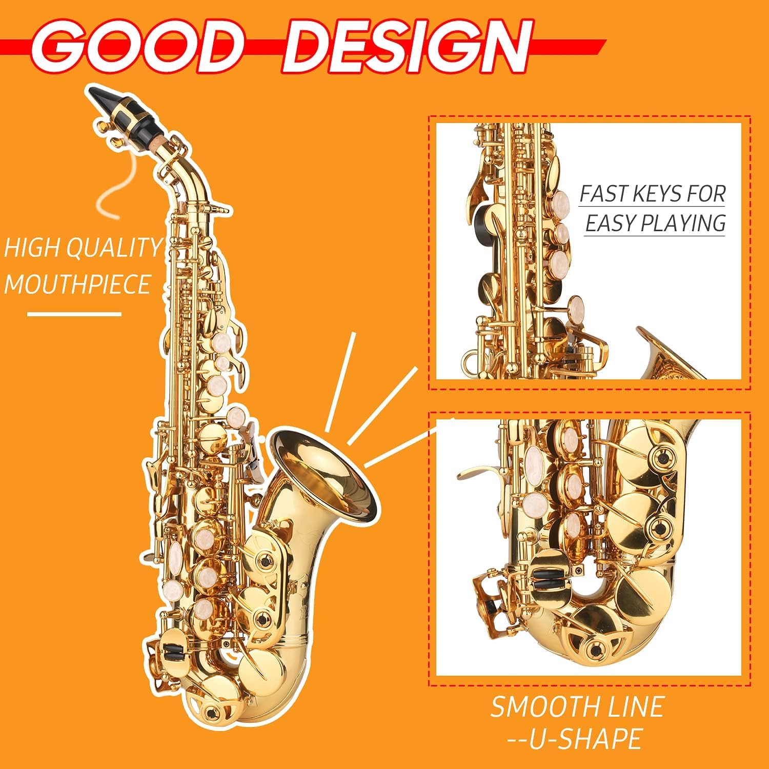 Sassofono, Sassofono Soprano in SIB Lacca Dorata Sax in Ottone con Custodia per Strumento Bocchino Tracolla Panno per Pulizia Spazzola per Musicisti Principianti