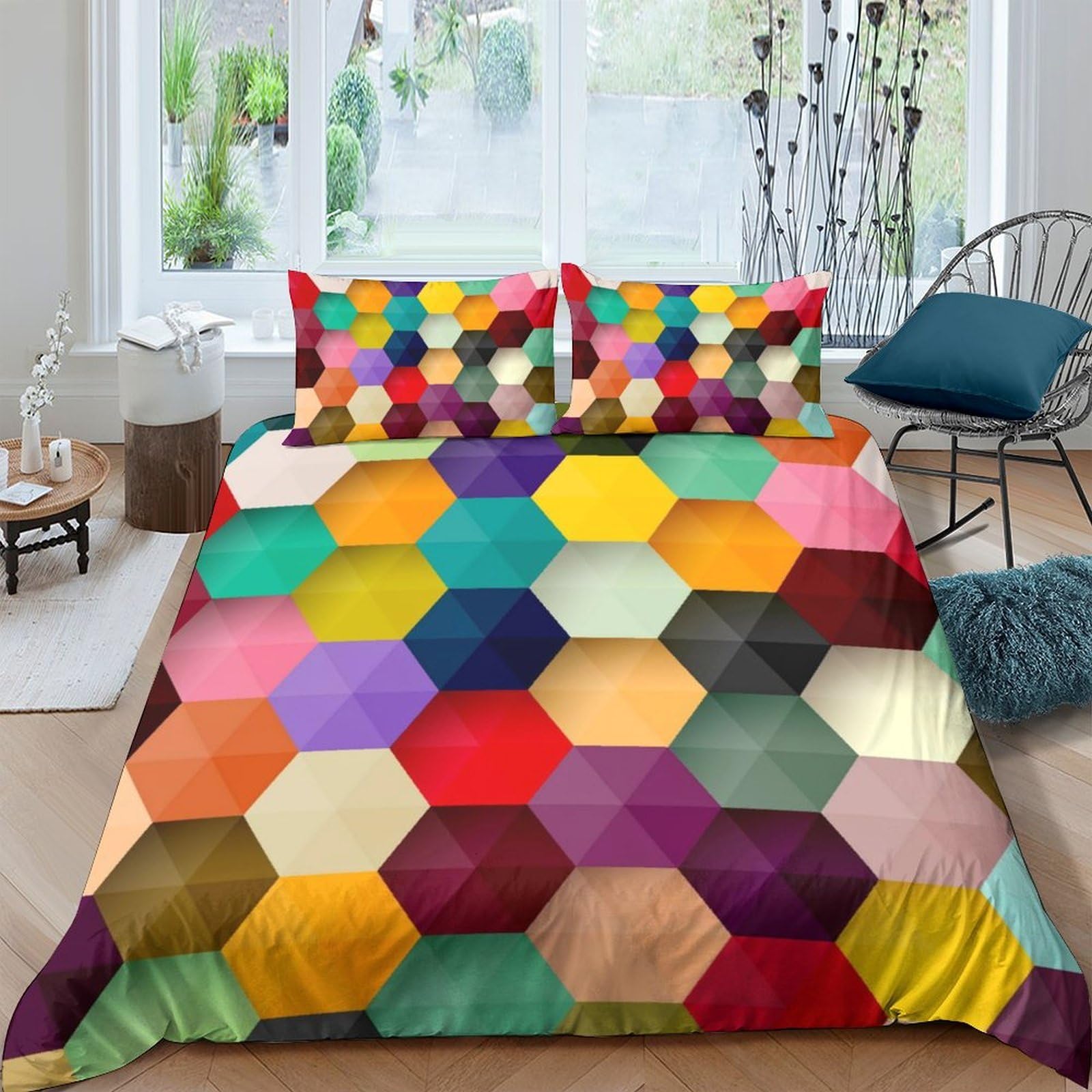 TUFRTGYHN 3D Printed Colorful Hexagon Duvet Cover Microfiber Soft Breathable Patchwork Bedding Set with 2 Pillowcases for Bedroom Home Decor Single（135x200cm）