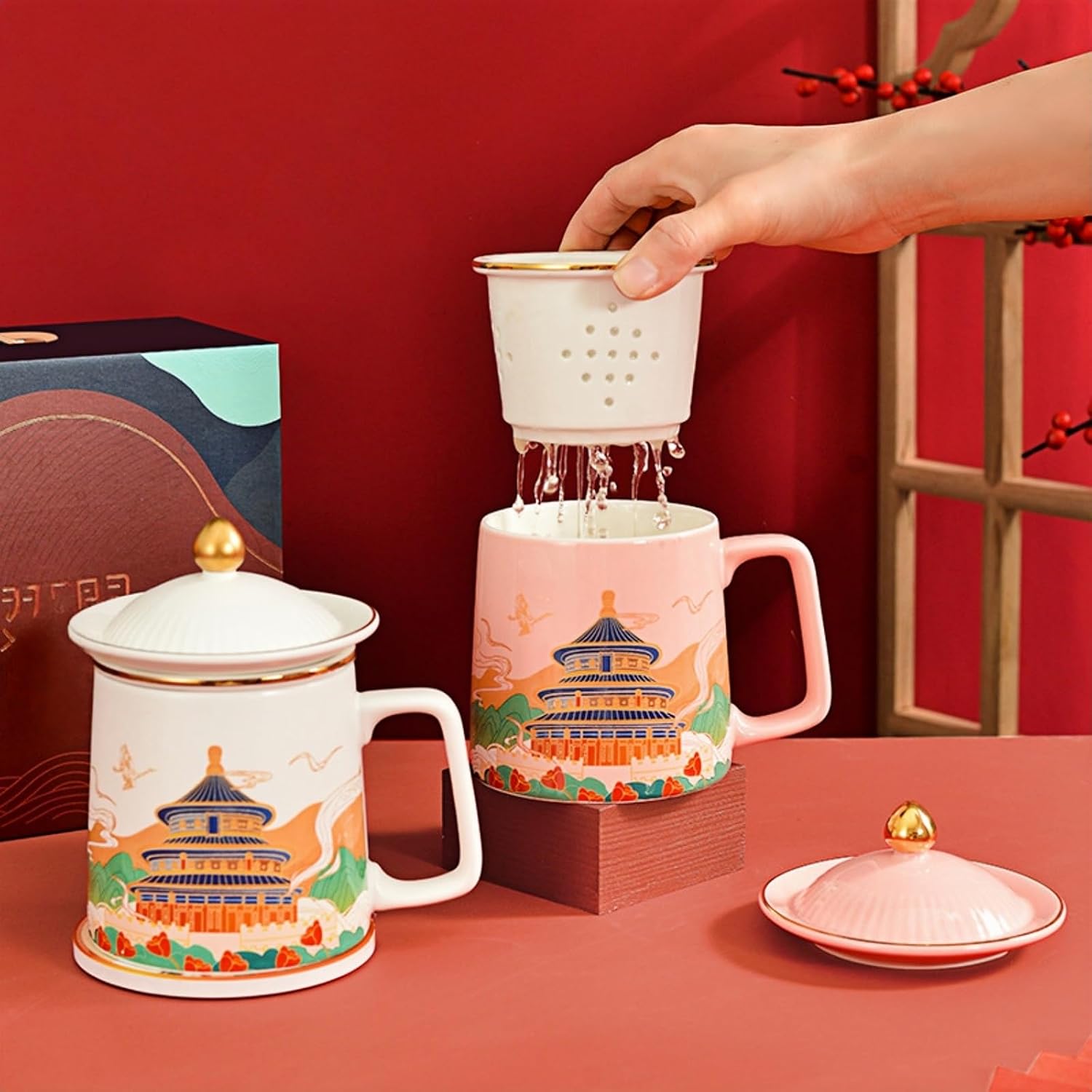 ホーム＆キッチン 450Ml 中国風天壇故宮陶器カップ、茶こしと蓋付き 