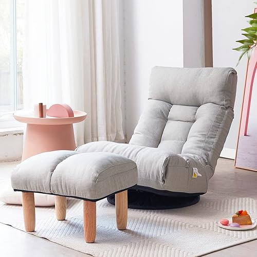 Miniatura 7 de Silla giratoria de 360 grados para juegos, silla de piso plegable con respaldo ajustable, tumbona acolchada para interiores con taburete, sofá