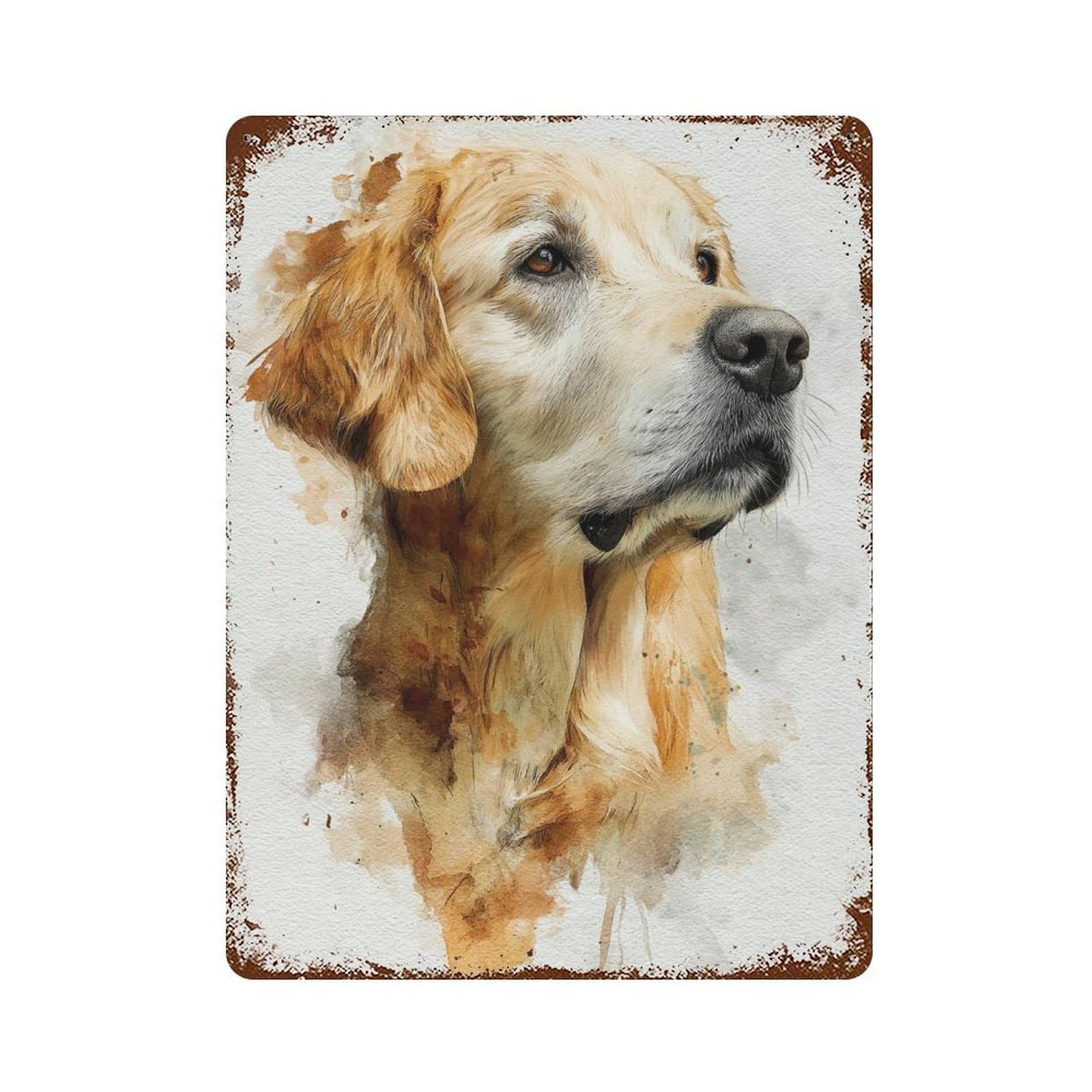 Rust Effect Golden Retriever Watercolor Art Print-1 Rustic Tin Plaque 15.7"x11.8", Classic Wall Plaque for Shed, Workshop And Garage Wall Decor