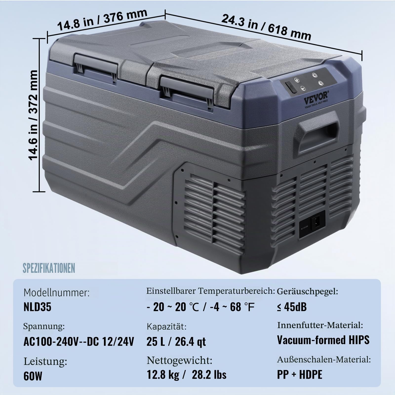 VEVOR Autokühlschrank, 25 L Dual Zone tragbarer Gefrierschrank, 12 Volt Autokühlschrank, -20~20 ℃ einstellbarer Bereich, 12/24 V DC / 100-240 V AC Kompressorkühler für Outdoor, Camping, Wohnmobil