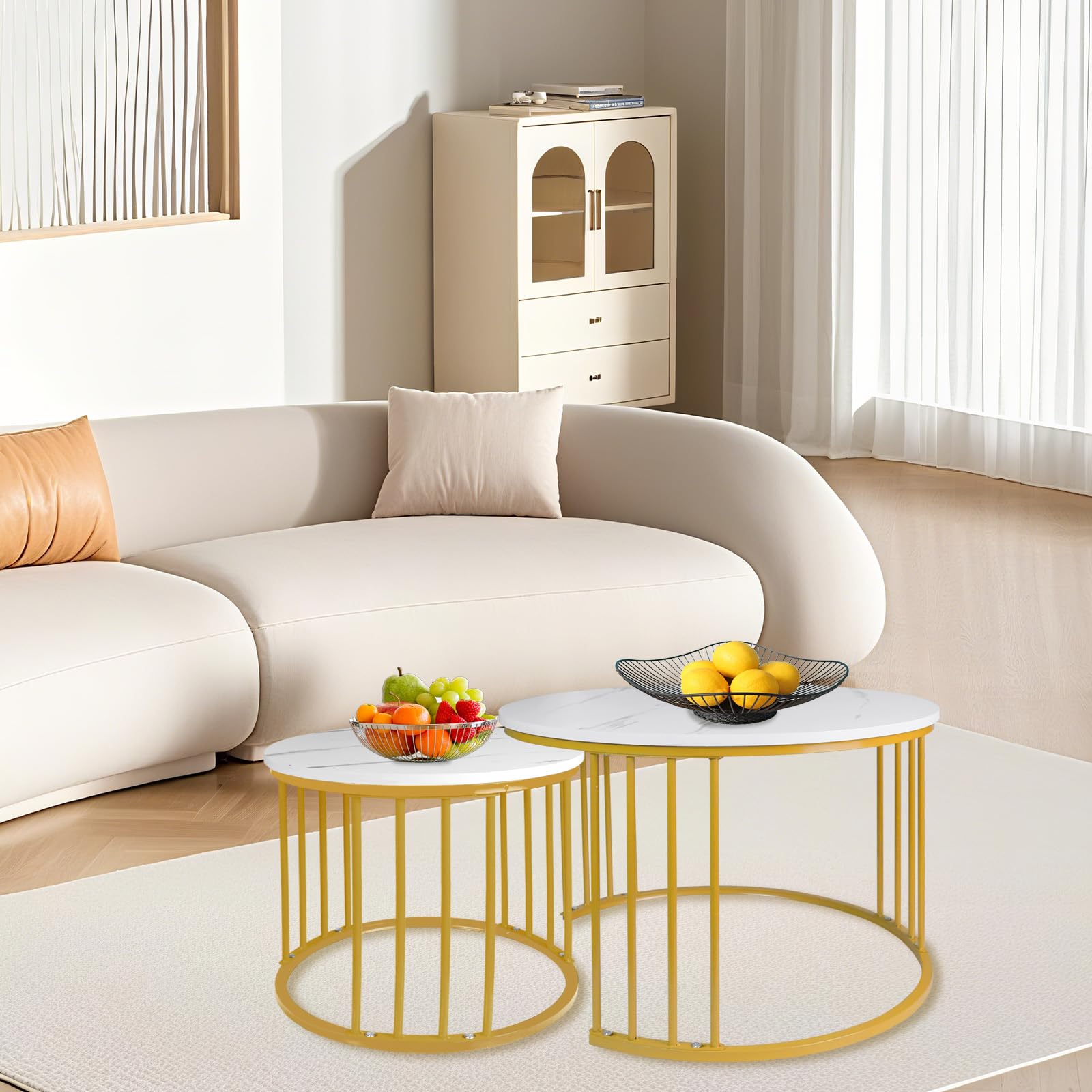 OHMG Set mit 2 Beistelltischen, rund, 70/50 cm, runder Beistelltisch, modernes Design, Wohnzimmertisch aus Marmor, mit Fuß aus Stahl (weißer Marmor + goldene Beine)