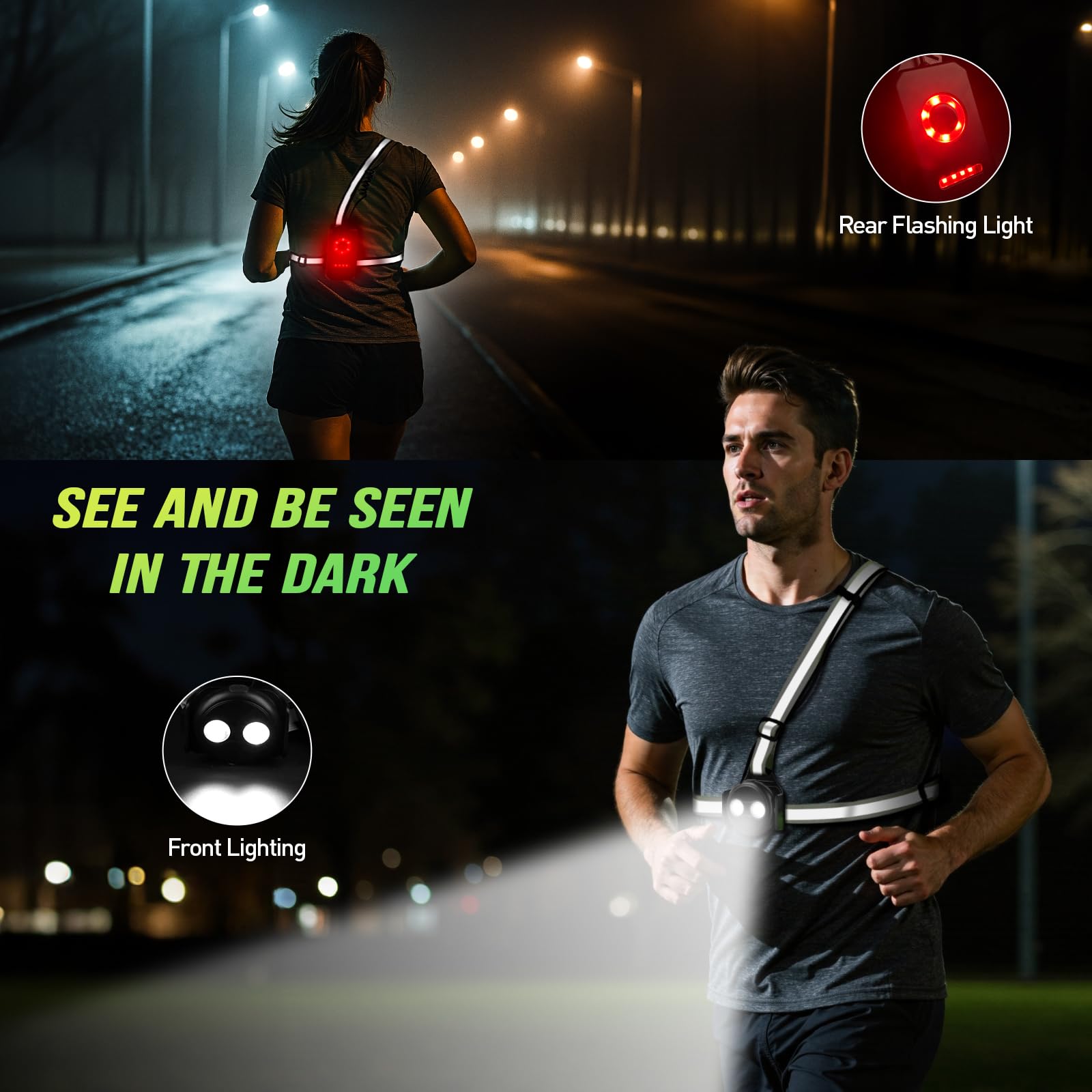Lampe Running, 500 Lumens Lumiere Course a Pied avec 6 Modes LED, Réglable à 90°, Sécurité 360° pour Lampe Pectorale Running avec Bandes Réfléchissantes, Lumiere pour Randonnée Camping