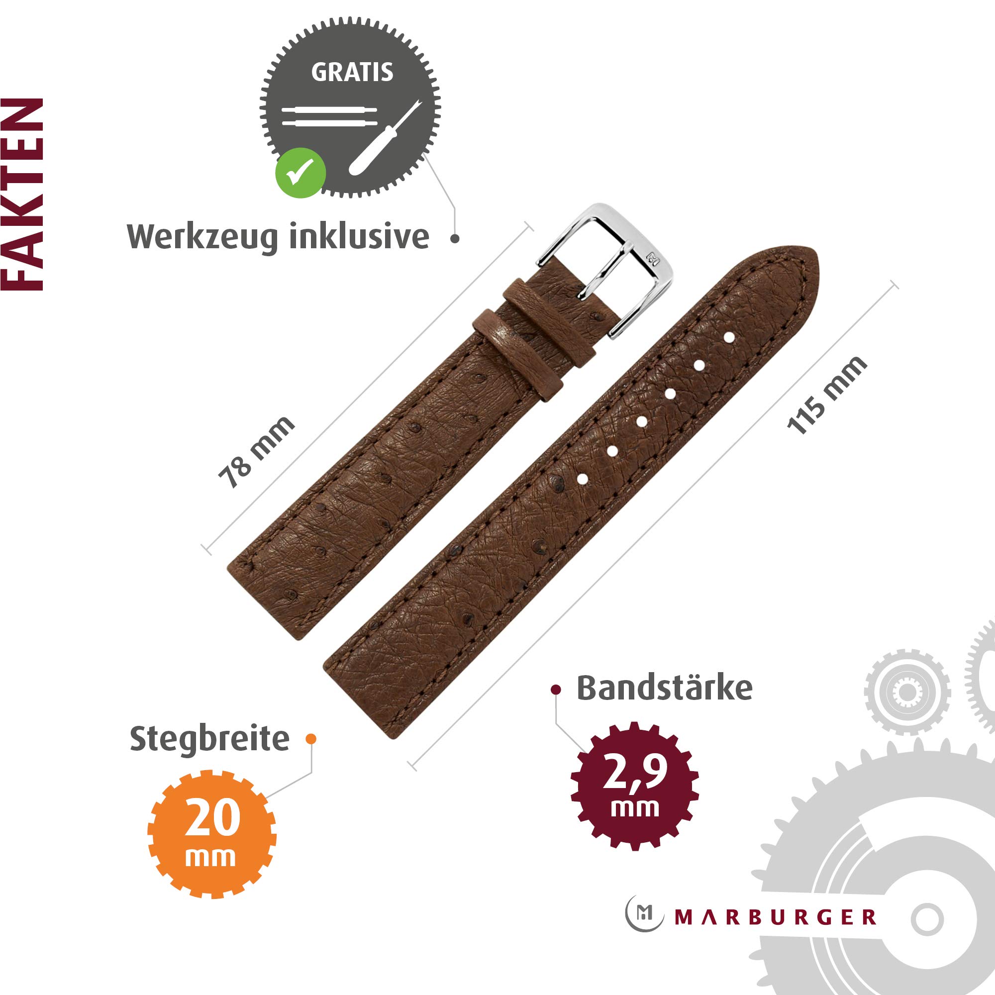 MARBURGER Uhrenarmband 20mm Leder Strauß - Werkzeug Montage Set 81020