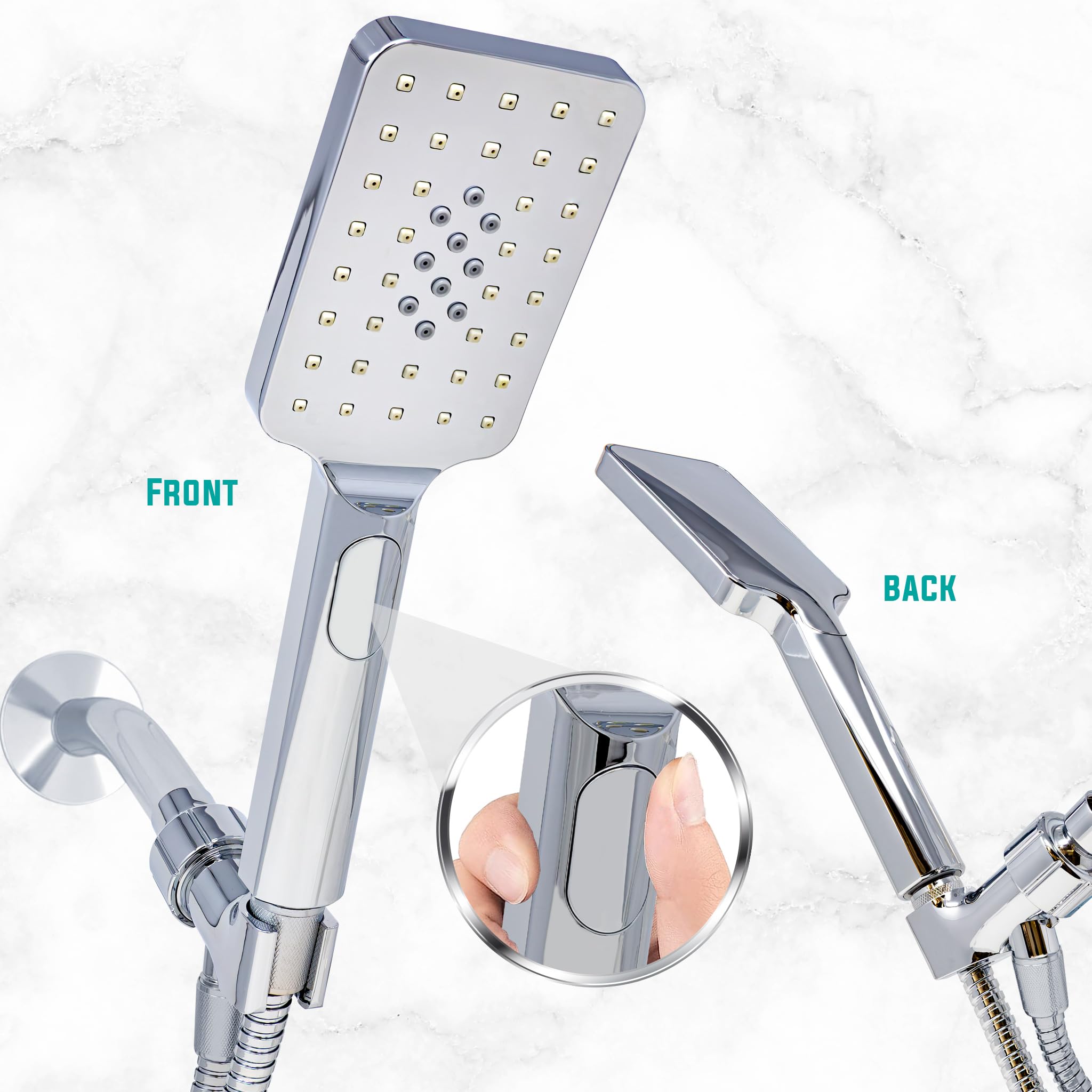 Metpure - Cabezal de ducha de mano de alta presión con fácil clic para múltiples pulverizaciones, cabezal de ducha rectangular ligero de perfil bajo, tubo de acero inoxidable y soporte de montaje