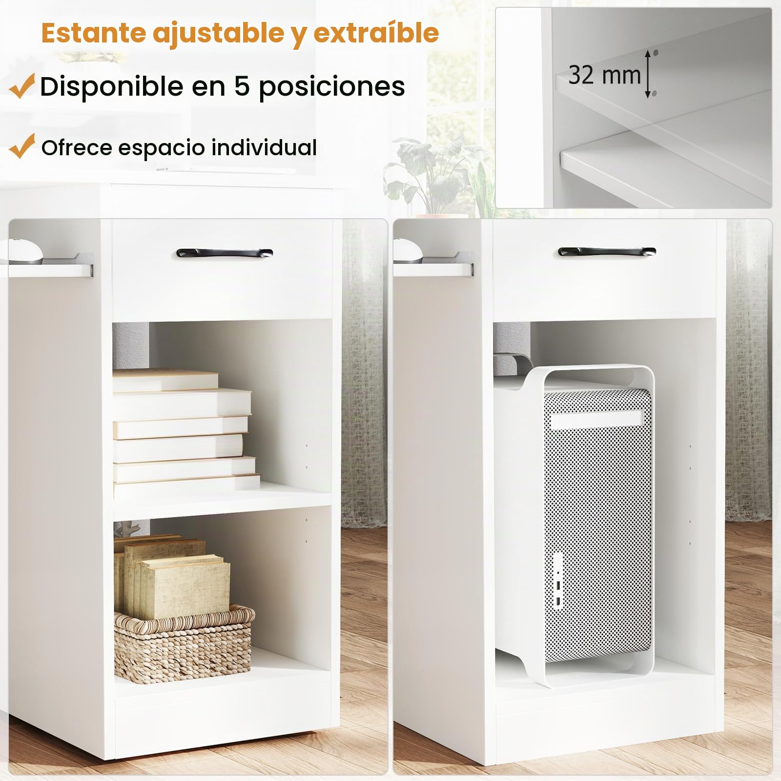 GYMAX Escritorio de Computadora con Estación de Carga, Escritorio de Estudio de 105 CM con Estantes y Cajón, Orificio para Gestión de Cables, Escritorio Moderno y Simple para Dormitorio, Blanco