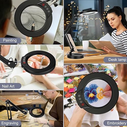 Miniatura 7 de Lupa 10X con luz, botón de actualización Krstlv 5 modos de color, regulable 2 en 1, lámpara de escritorio con luz LED 2 en 1, lupa manos libres con