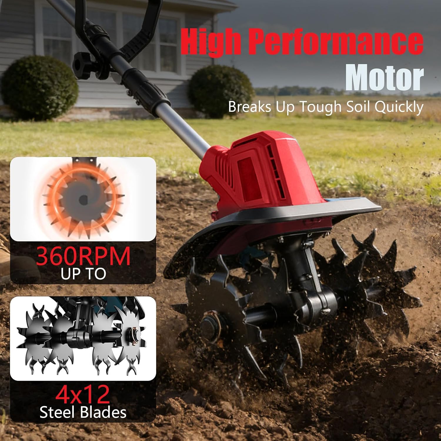 21V Electric Cordless Tiller Cultivator, 360RPM Electric Garden Tiller with 2 * 4.0Ah Batteries & Charger, 8In Tilling Width & 12In Depth Garden Rototiller for Lawn/Gardening/Soil (RED-1)