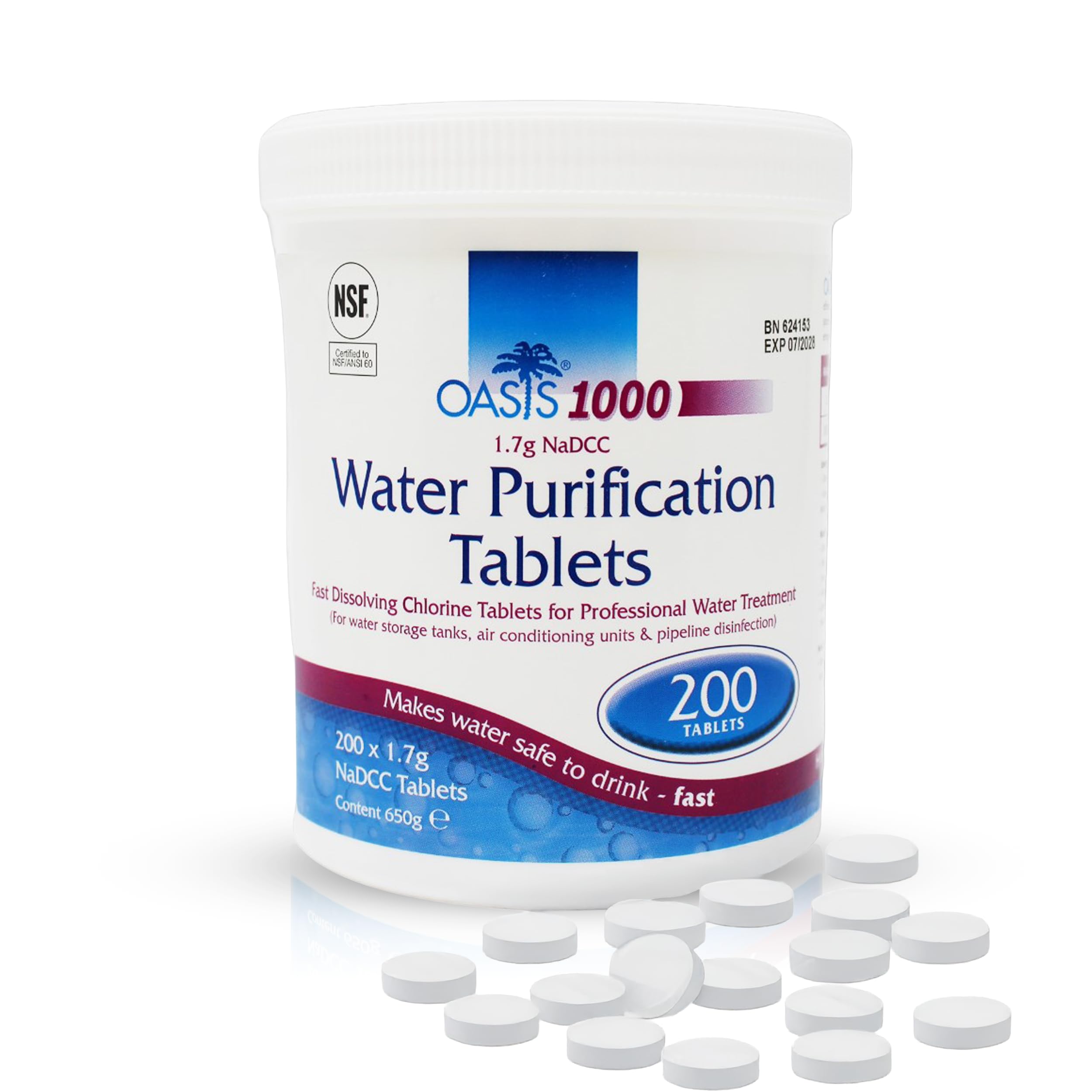 Oasis 1000 Water Purification Tablets | Purifier for Drinking Water, Camping, Caravans & Motorhomes | Emergency Treatment & Household Use | 200 Tablets, Safe Drinking in 30 Mins