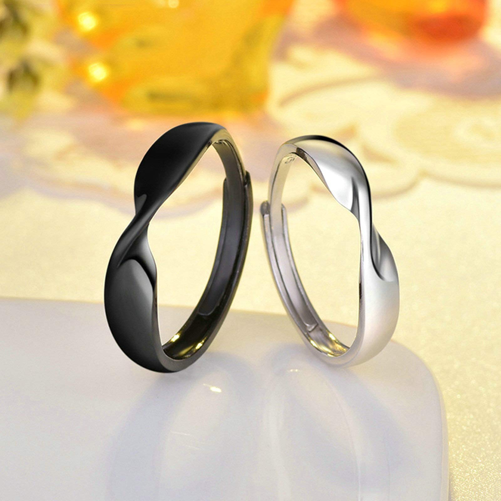 WBDWWTD Ringe-Sets für Sie und Ihn in Schwarz, passende Ringe für Paare, individueller 925er-Sterlingsilber, Verstellbarer schwarzer Mobius-Ring aus Silber