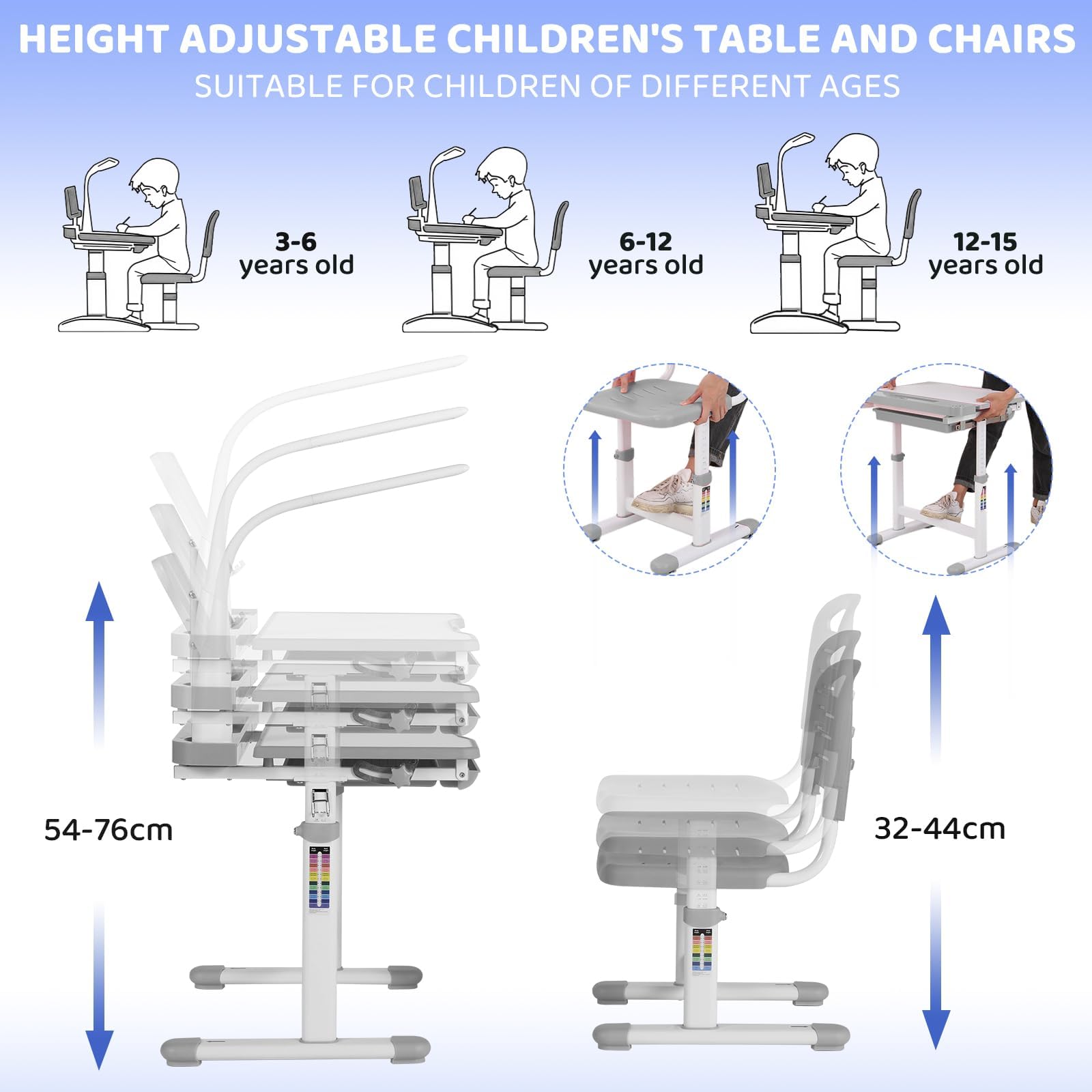 MAMIZO Kinderschreibtisch und Stuhl Set, Höhenverstellbarer Kinder Schreibtisch und Stuhl Set, Schülerschreibtisch, Jugendschreibtisch Multifunktionaler, Lampe und LesestäNder (Grau)