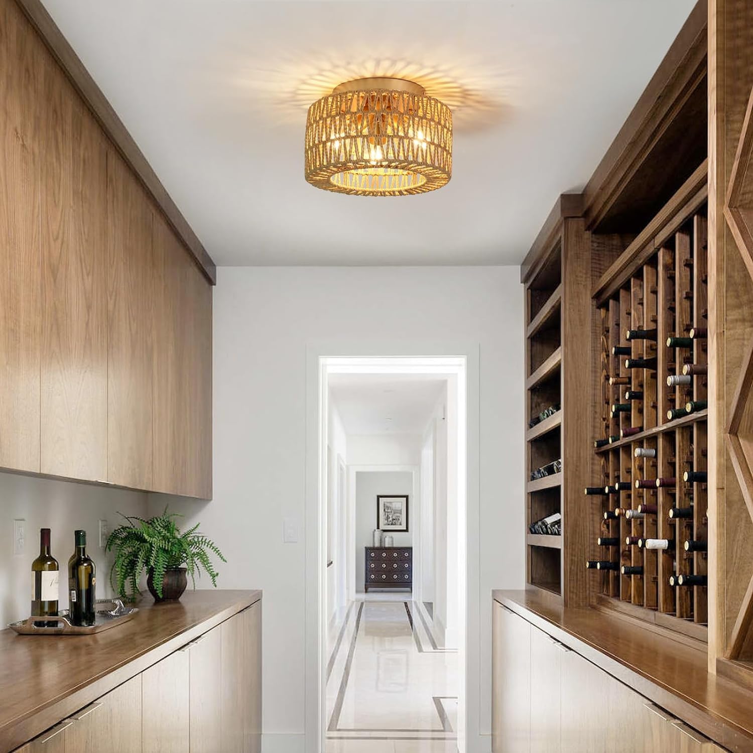 Bomiel Rattan Deckenleuchte 3-flammig - Boho Style Mit Reisig-Schirmen