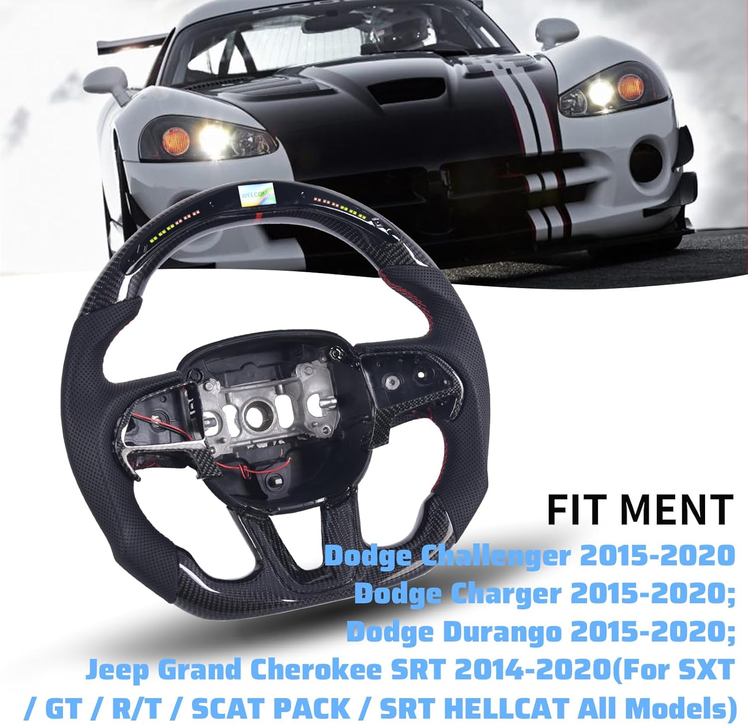 Carbon Fiber Steering Wheel for Dodge Charger/Challenger/Durango/SXT/GT/RT/SRT/Heallcat 2015-2020, LED Shift Indicator Racing Display,D-shaped Flat-bottom Perforated Leather Grip with Trim