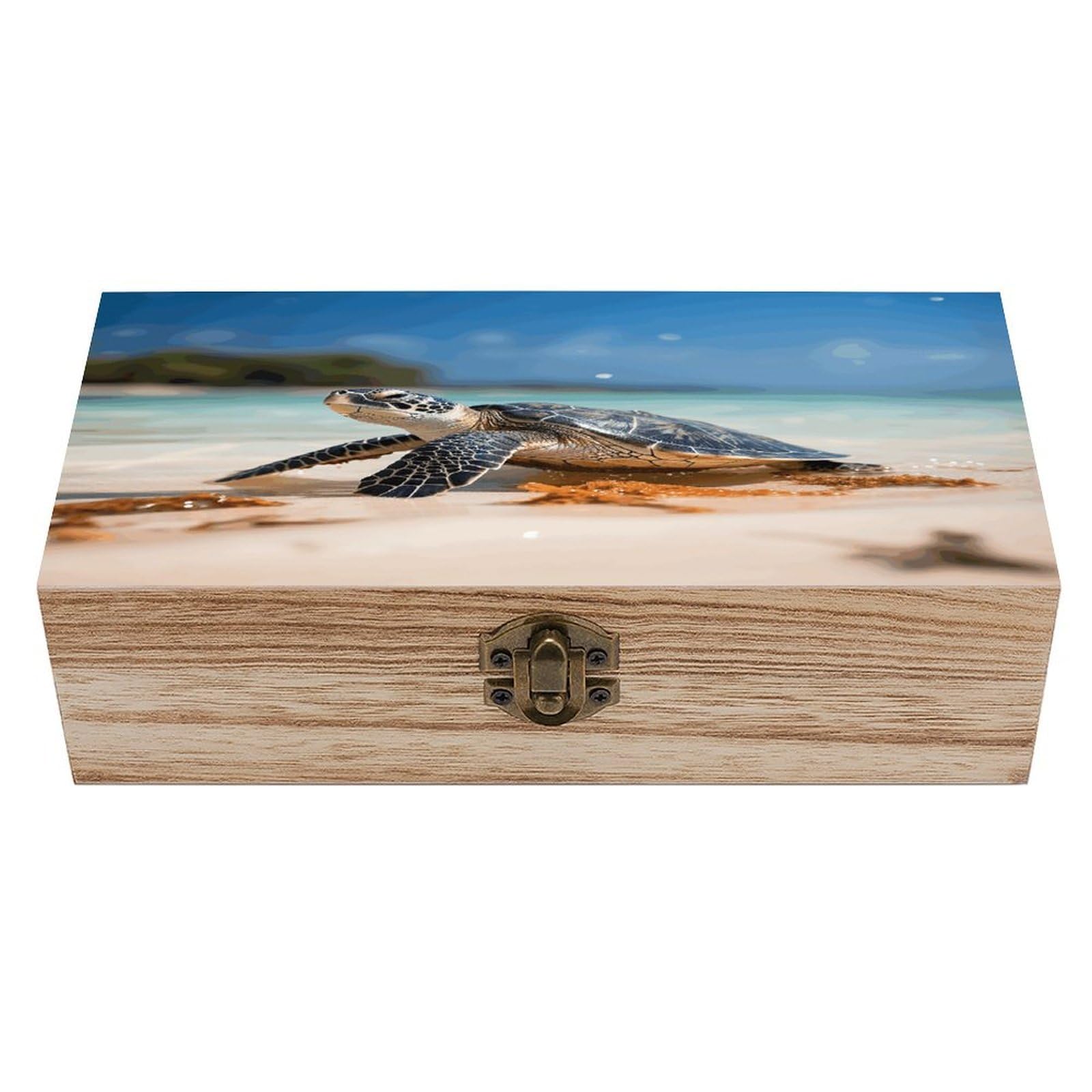Adfgyerh Style Sea Turtle On The Beach Bins Solid Wood，Jewelry Box Retro And Exquisite，Storage Box Used For Storing Photos, Souvenirs, Letters, Gifts, And Jewelry.