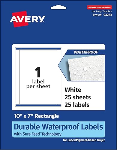Avery Etiquetas rectangulares impermeables duraderas con alimentación segura 10 x 7 pulgadas 25 etiquetas impermeables resistentes al aceite y al