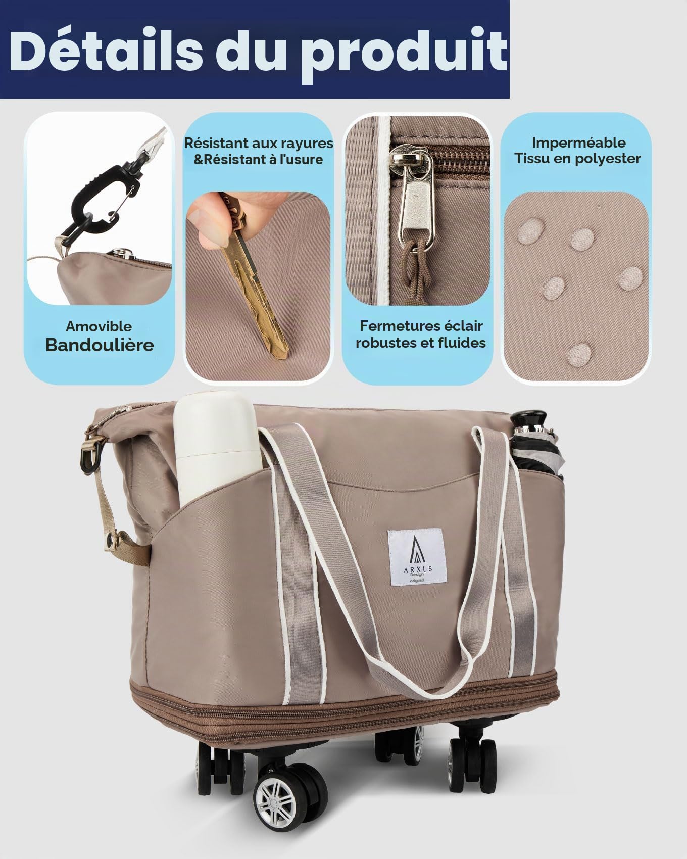 Arxus Sac de Voyage à roulettes avec Roues Amovibles et Bandoulière, Sacs Fourre-Tout Extensible et Pliable avec Sleeve pour Valise, Femme Homme Sac de Weekend pour Avion 25L-55L