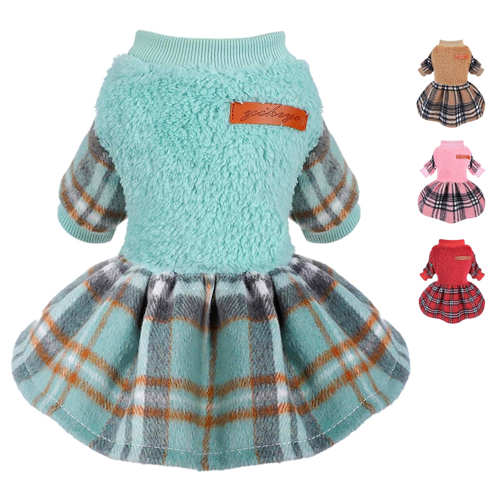 Dog Sweater Dress Plaid Fleece Dog Sweaters for Small Dogs Girl Female Warm Winter Clothes Girl XXS Outfit Apparel Clothes (Turquoise, XXS for 1.87-3.5lb)