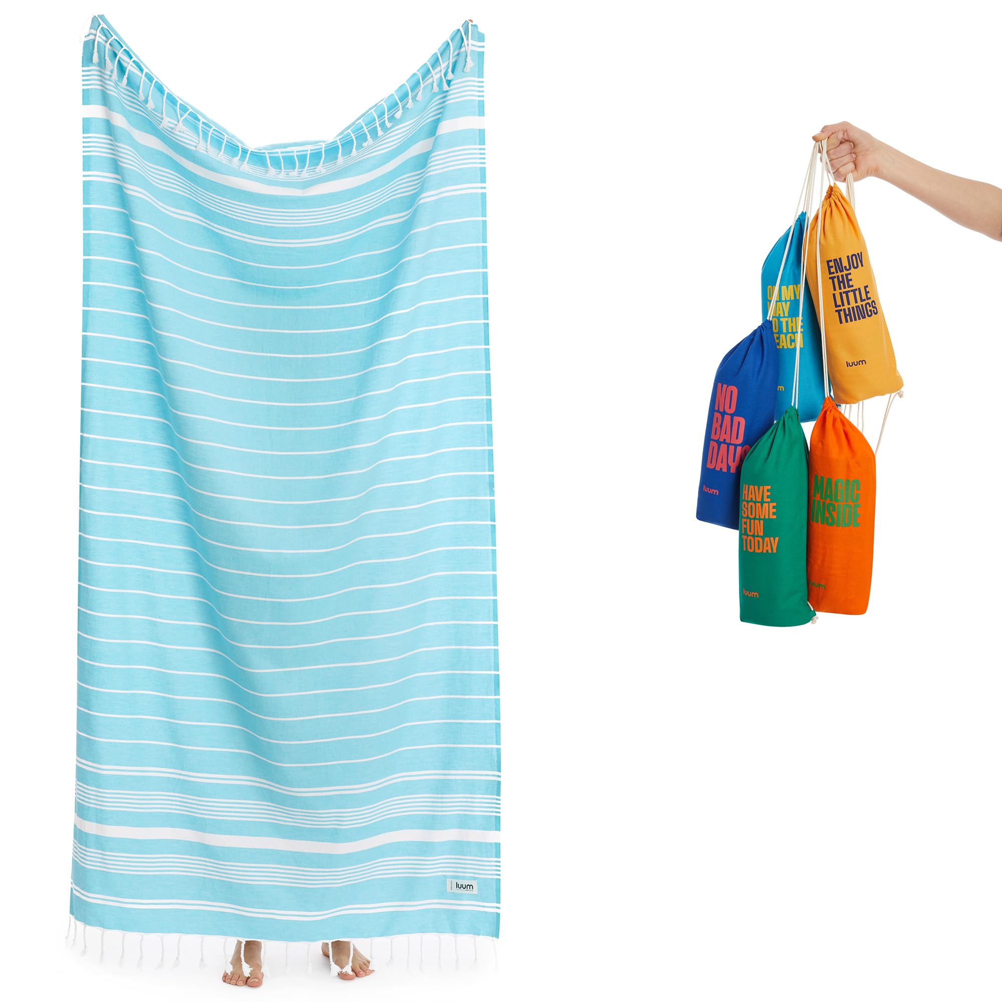 Luum Turquoise Luum® Travel Towel, Outdoor Hammam Towel, Beach Towel, Bath Towel, Sports, Sauna Kilt, Thin, Lightweight, Quick-Drying, (Better Than A Microfibre Towel), 95 X 160 Cm
