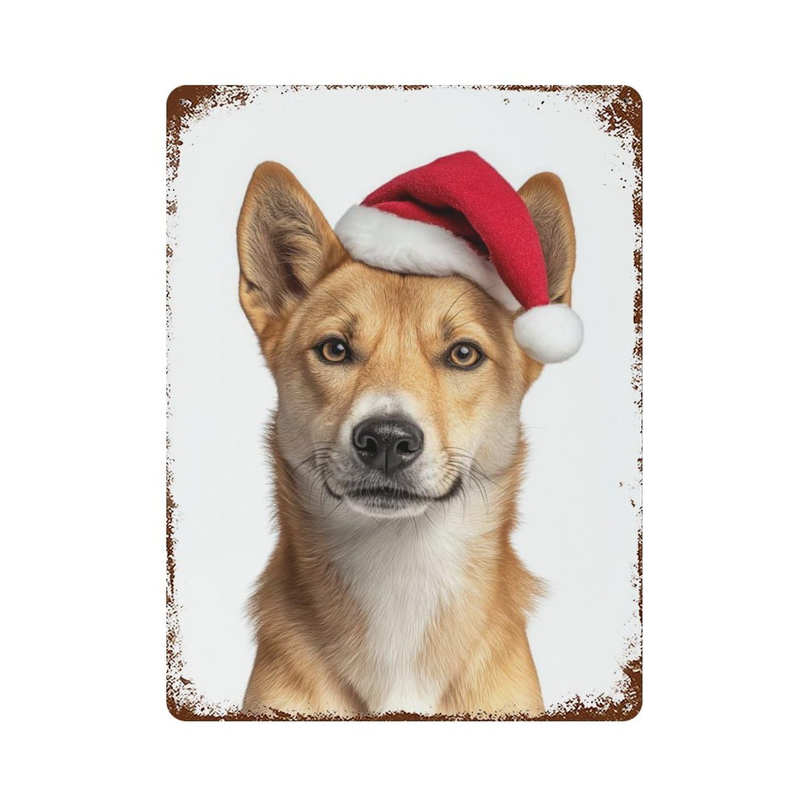 Vintage Rust Metal Sign Dingo with Santa Hat Portrait 15.7"x11.8", Novelty Wall Decor for Garage, Bar And Workshop Decor
