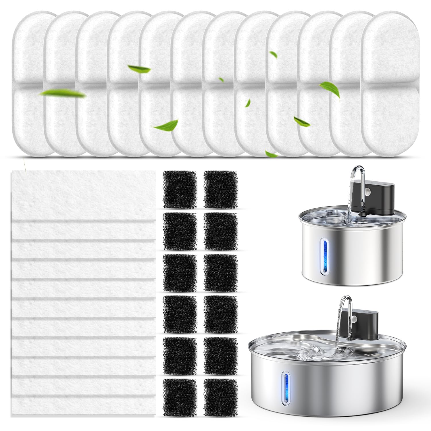 CityFlee Cat Water Fountain Filter Replacement,36 Pcs(12 Carbon+ 12 Sponge+ 12 Cotton) for Pets Automatic Water Dispenser for Dogs, Compatible with 2.2L/3L/3.2L/3.5L/12L Stainless Steel Cat Fountains