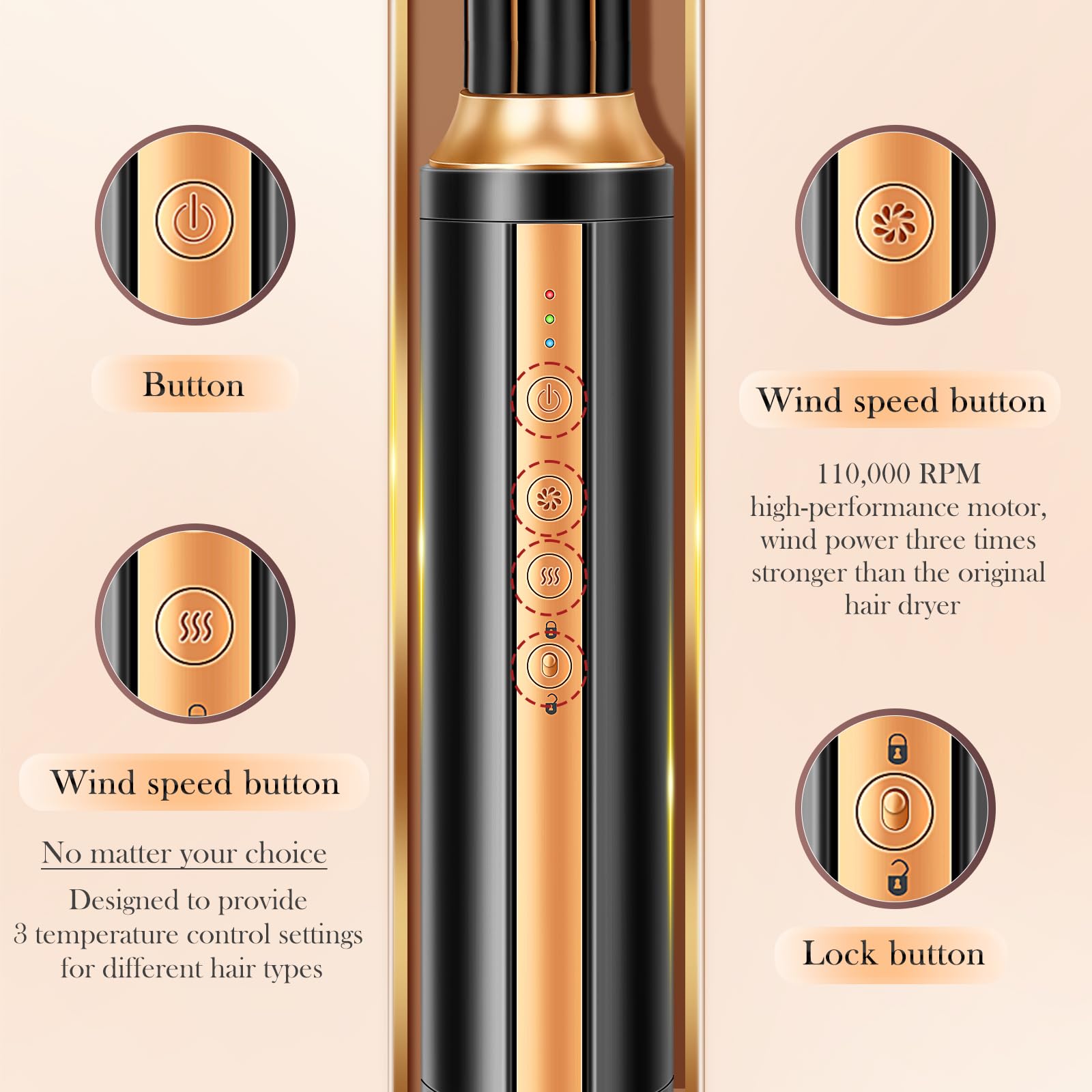 Airstyler Magic Styler Hair Styler 6 en 1 Fer à friser avec technologie ionique, 110 000 tr/min, 1400 W, multifonction haute performance avec fer à boucler automatique à air pour lissage, boucles et