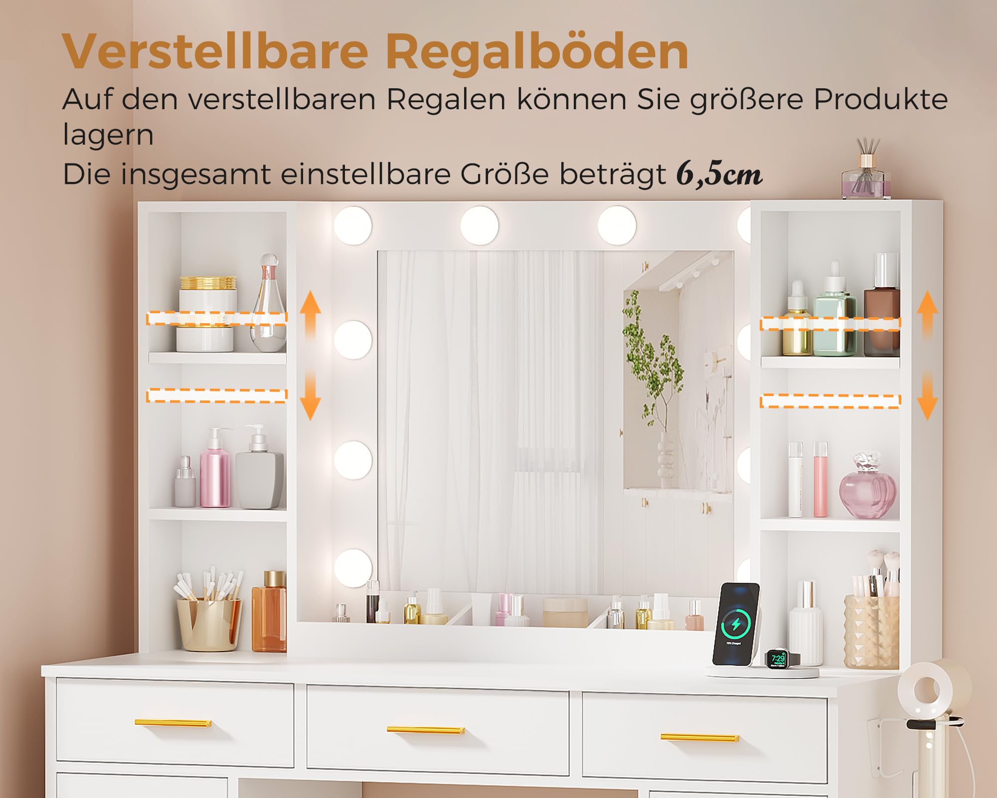 ANWBROAD Tocador de Maquillaje Grande con Luz LED y Enchufes 140x110x40cm BDT86W