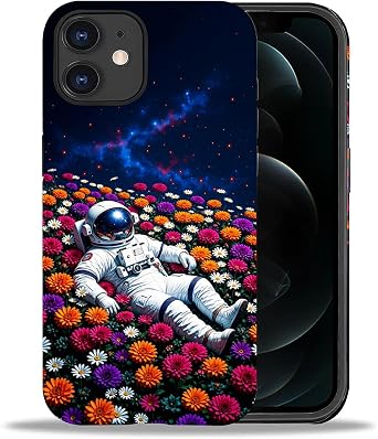 for iPhone 11 Case, Astronaut Flowerbed Pattern Print Matte Phone Case Funny Liquid Silicone Case Impact Resistant Anti-Scratch Shockproof Protective Cover