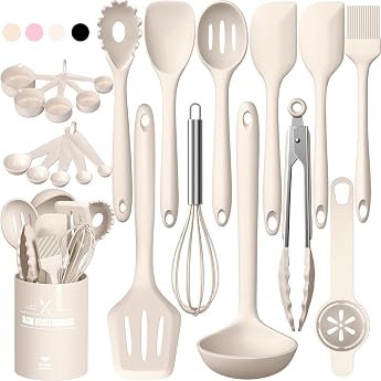 Silicone Kitchen Utensil Set 22 Pieces Cooking Utensils Cookware Heat Resistant Cooking Cutlery Set with Utensil Holder Healthy and Non-Stick Dishwasher Safe - Khaki