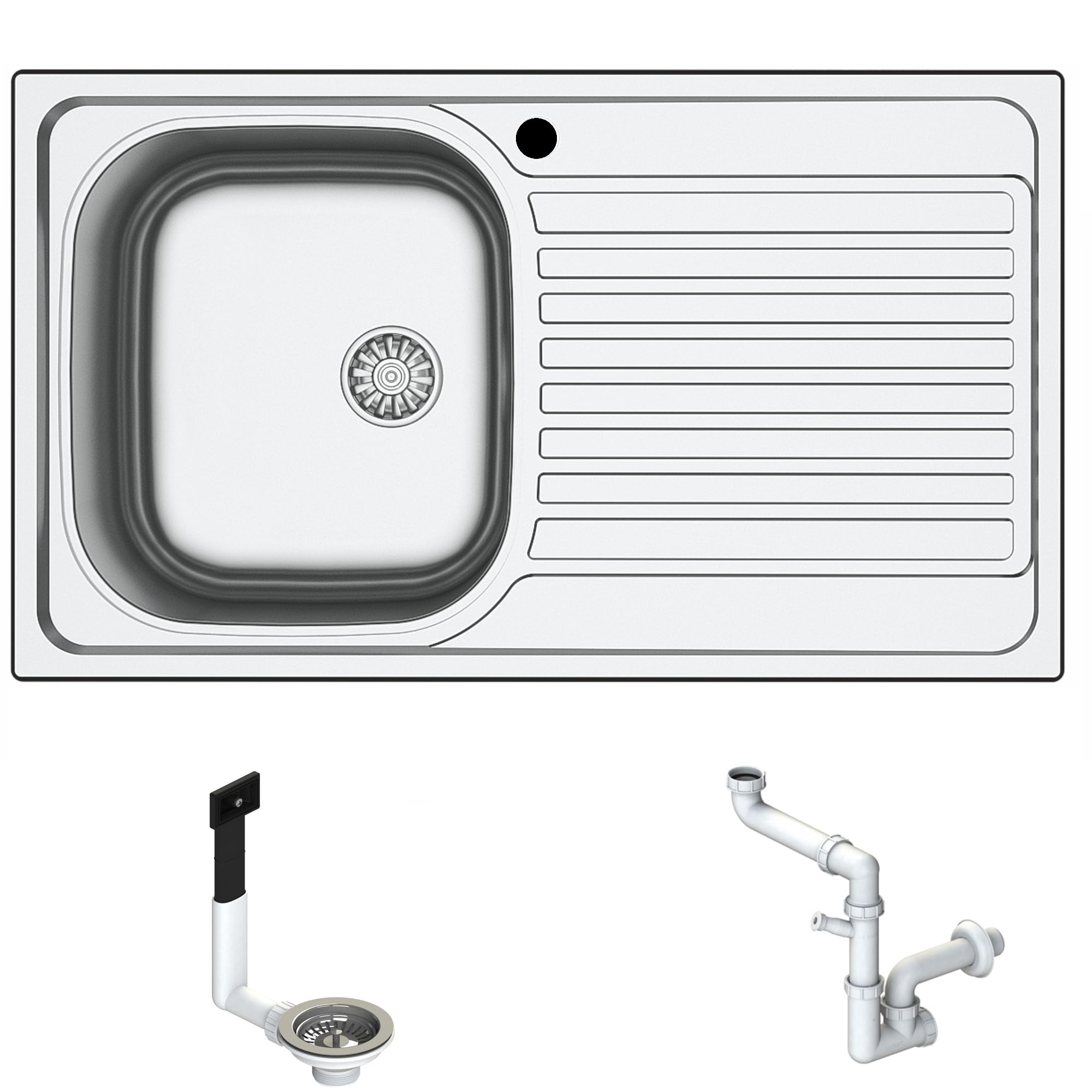 ATL861RVE ● Lavello Incasso Cucina FHULLER Serie ATLANTE Acciaio Stampato Prelucido cm. 86 X 50 1 Vasca Sinistra 37 X 33 Altezza 15,5 e Gocciolatoio Destro - Piletta da 3,5" Grande● Made in Italy