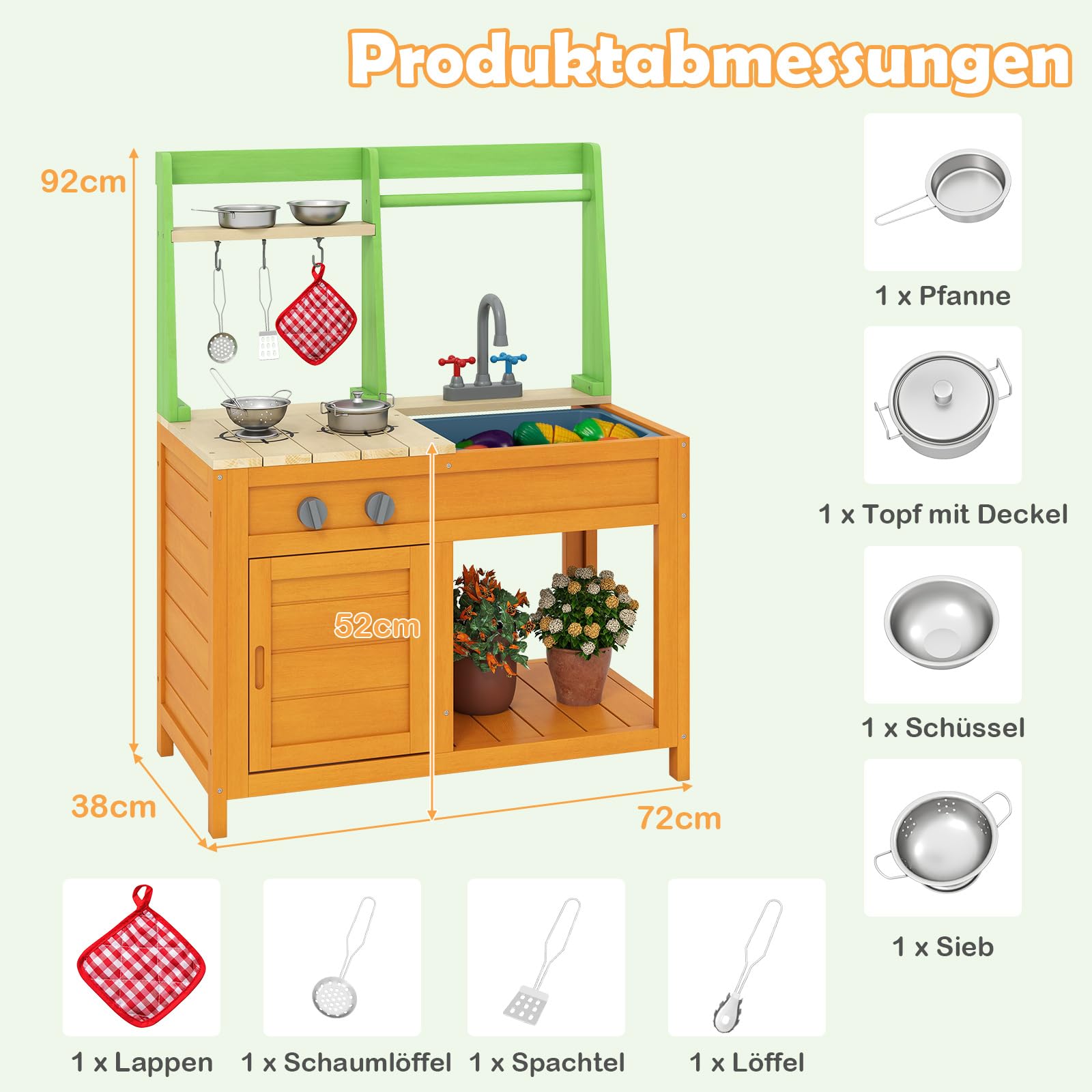 COSTWAY Matschküche Kinder Outdoor, Kinderküche mit Zubehör, Spielküche mit realistischen Herden & Wasserhahn & Spüle & Ofen, Outdoor Küche Gartenküche für Kinder ab 3 Jahren