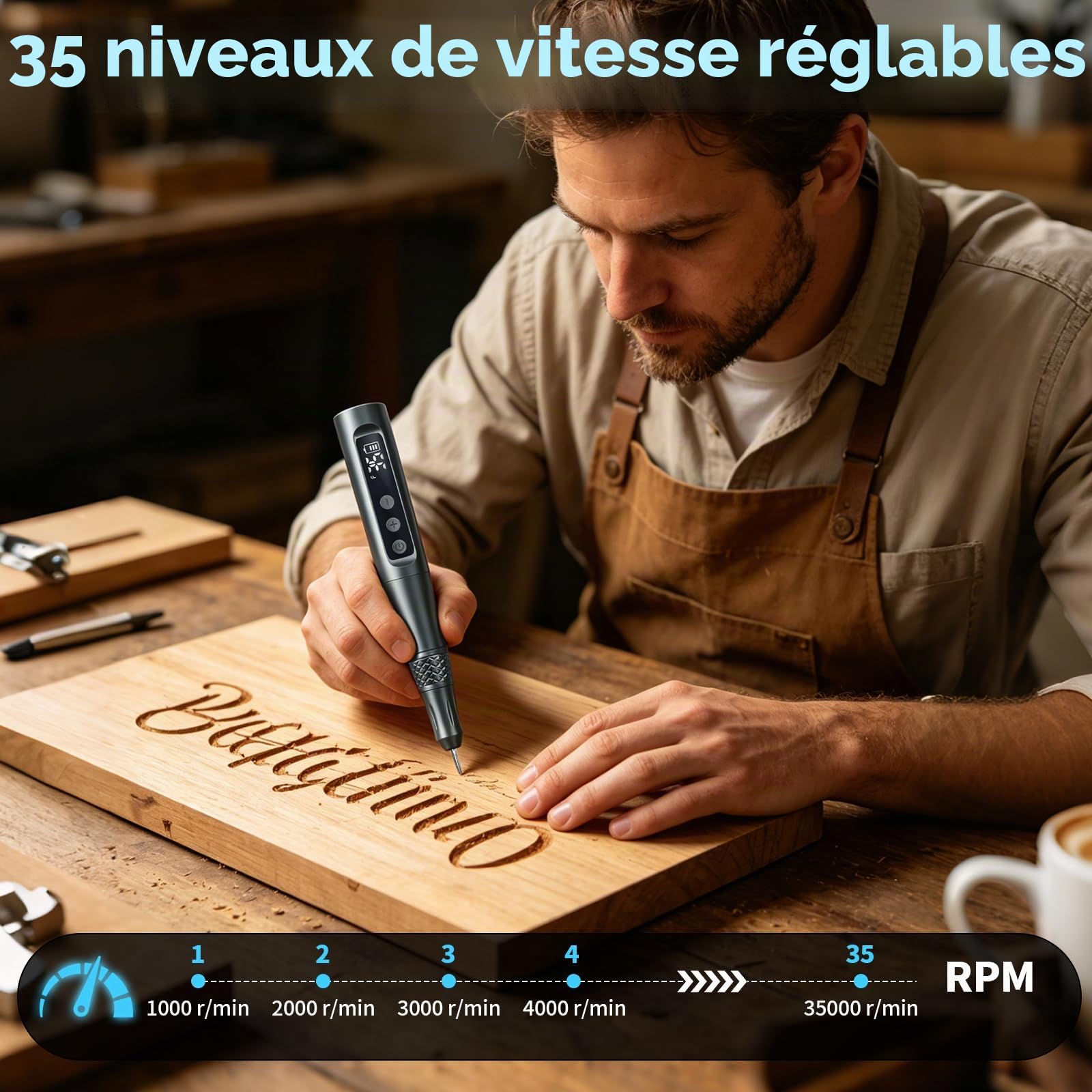 CGBE 35 Vitesses Stylo Graveur avec 58 Accessoires pour Artistes Bricoleurs | USB Rechargeable Stylo Graveur Électrique pour Verre Bois Métal - Professionnel Stylo à Graver Portable avec Écran LED