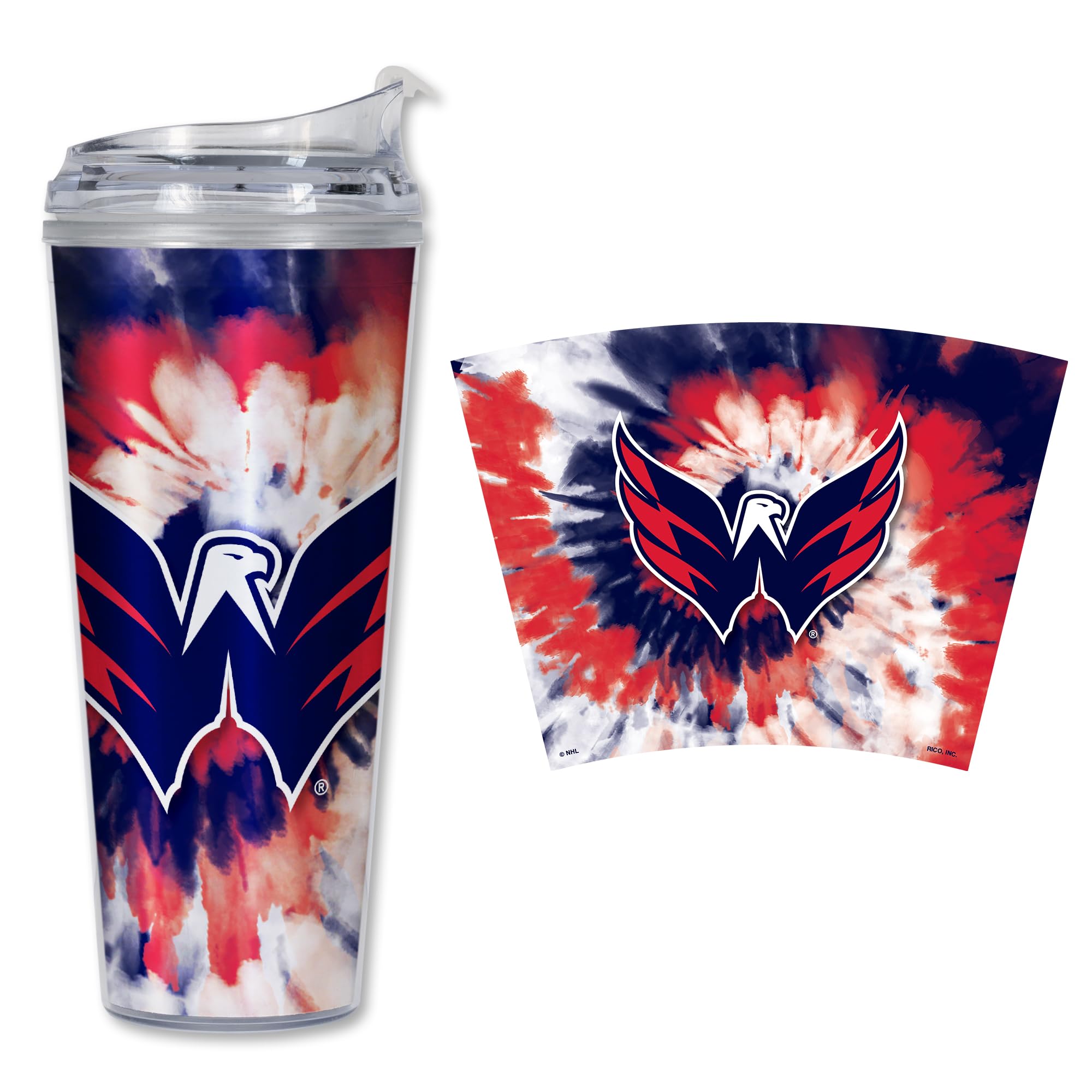 Rico Industries NHL Hockey Team Color Tie Dye 24oz Metallic Acrylic Tumbler with Hinged Lid, Officially Licensed Double Wall Tumbler with Straw