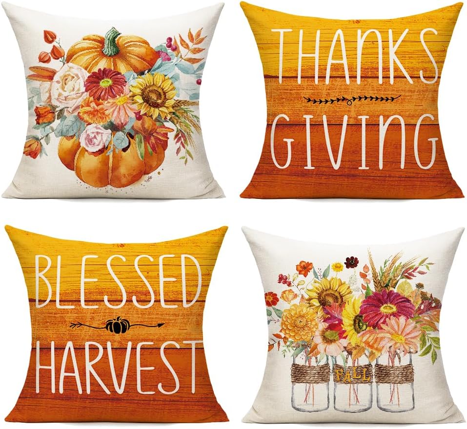 All Smiles Fall Outdoor Throw Pillow Covers 18×18 Set of 4 Autumn Pumpkin Decorative Thanksgiving Cushion Cases Home Décor Decorations for Patio Couch Chair Sofa,Orange Flower