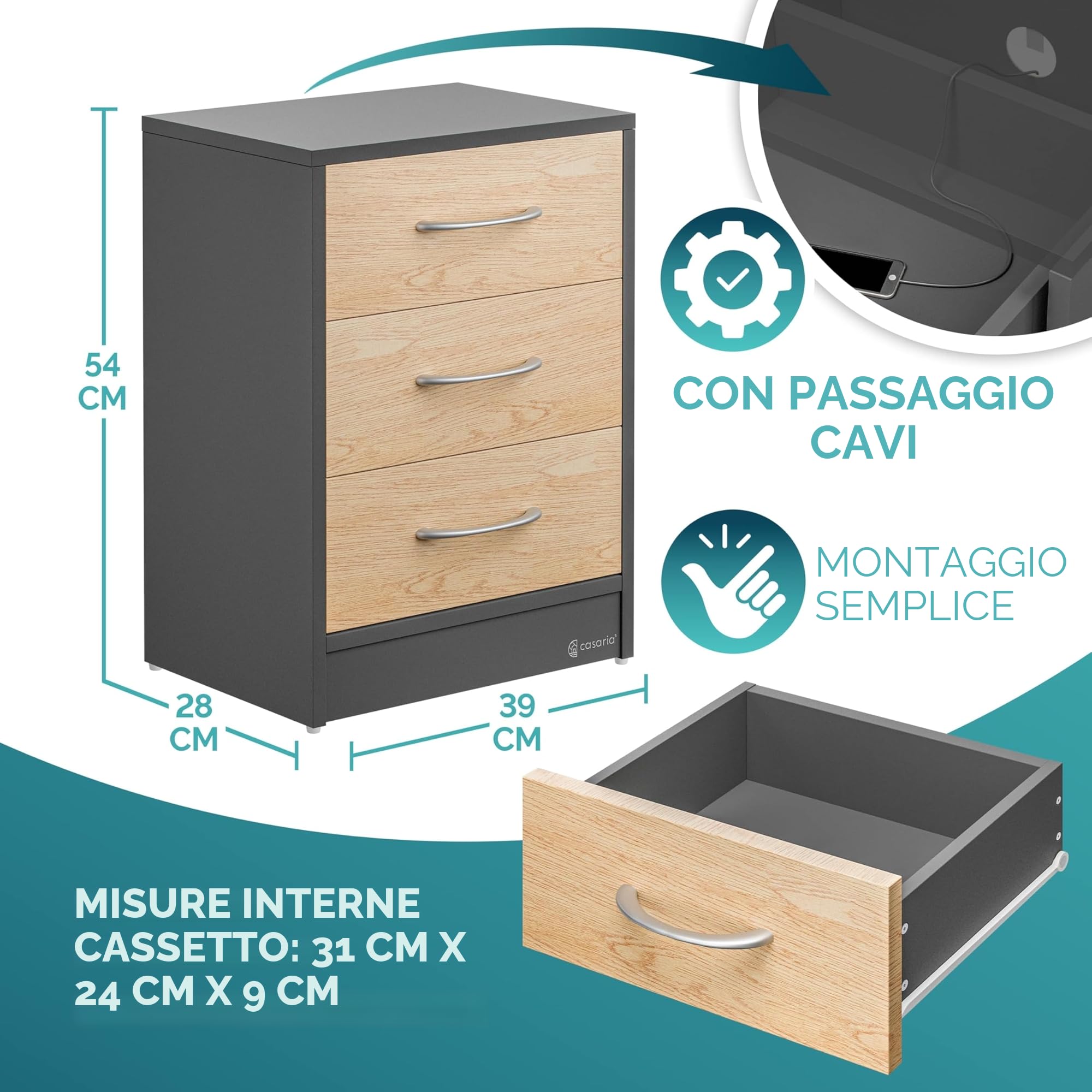 Casaria® Comodino Set da 2 54x39x28cm in Legno 3 Cassetti Camera Letto Tavolino da Notte Comodini Antracite
