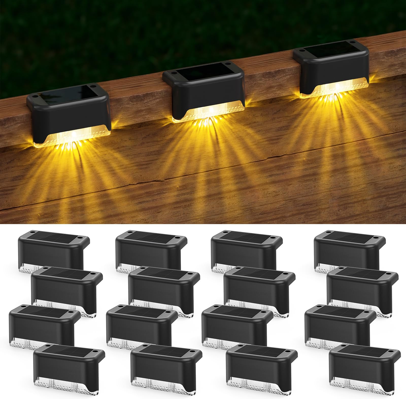 APONUO Solar Deck Lights 16 Pack, Solar Lights Outdoor Waterproof Led Solar Step Lights for Outside Stairs,Fence,Backyard,Patio(Warm White)