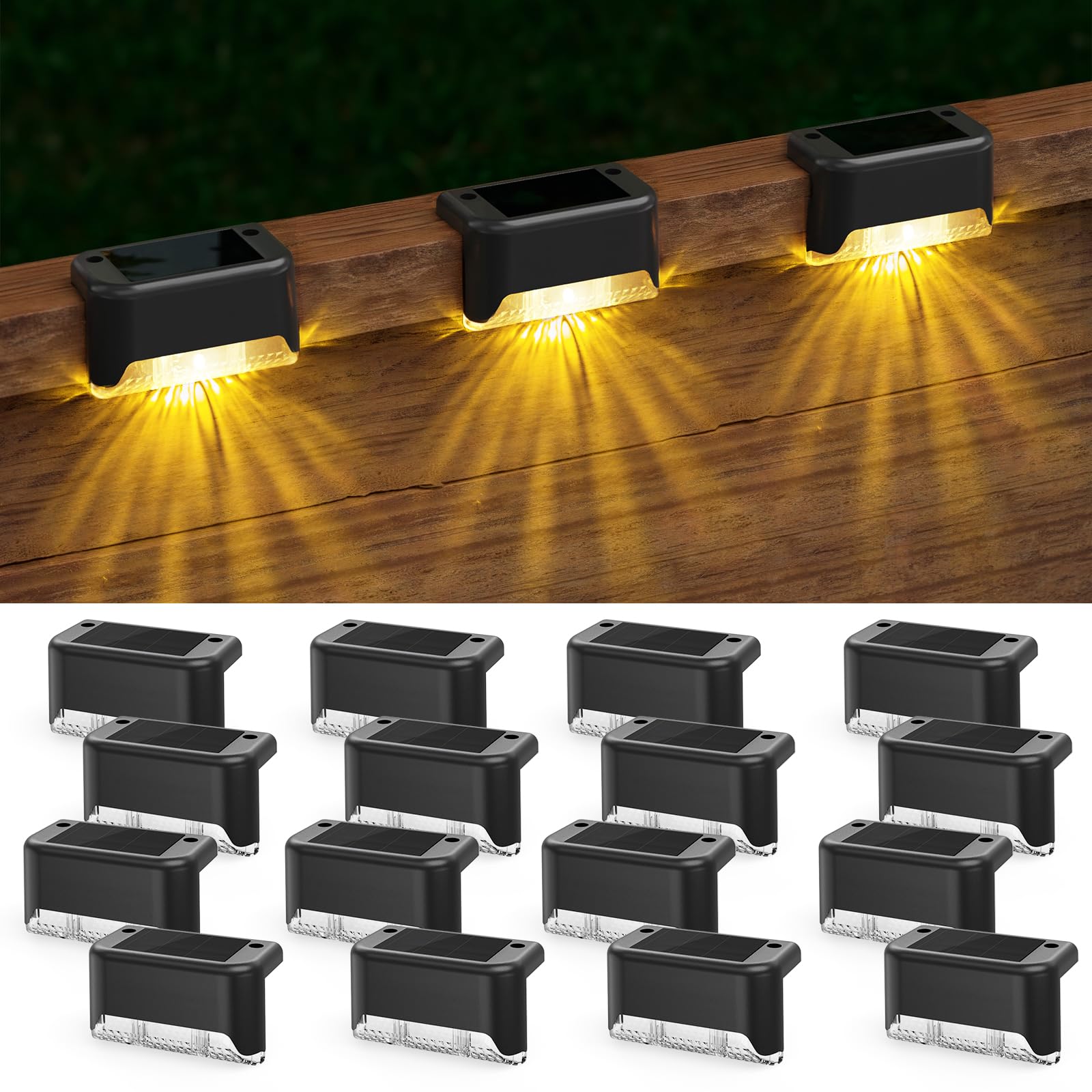 APONUO Solar Deck Lights 16 Pack, Solar Lights Outdoor Waterproof Led Solar Step Lights for Outside Stairs,Fence,Backyard,Patio（Warm White）