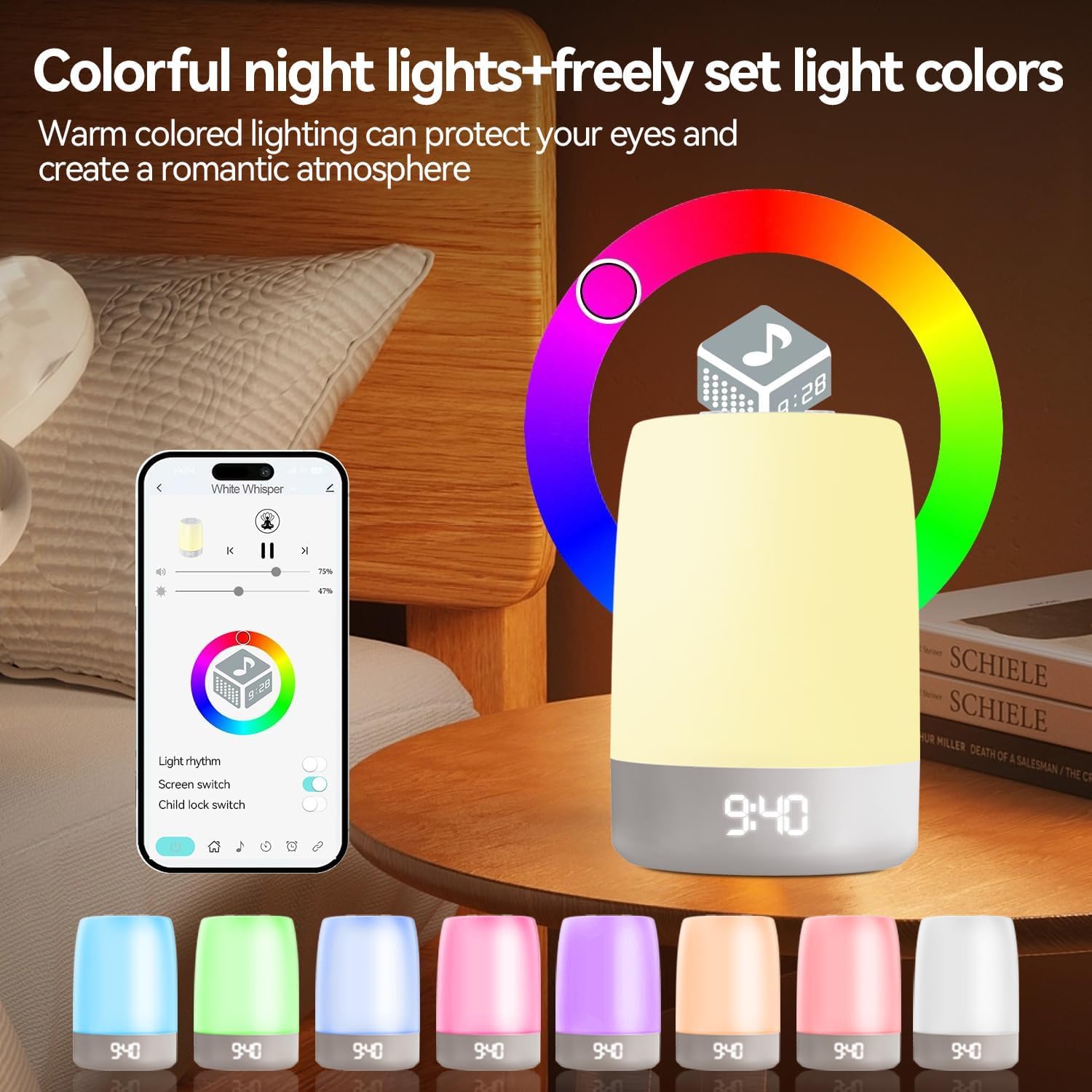 Weißes Rauschen Sound Maschine für Schlaf Kinder Nachtlicht Bluetooth Musik Wecker App Fernbedienung USB Batteriebetrieben 32 natürliche Klänge für Schlafzimmer Kinderzimmer Baby Erwachsene Tragbare