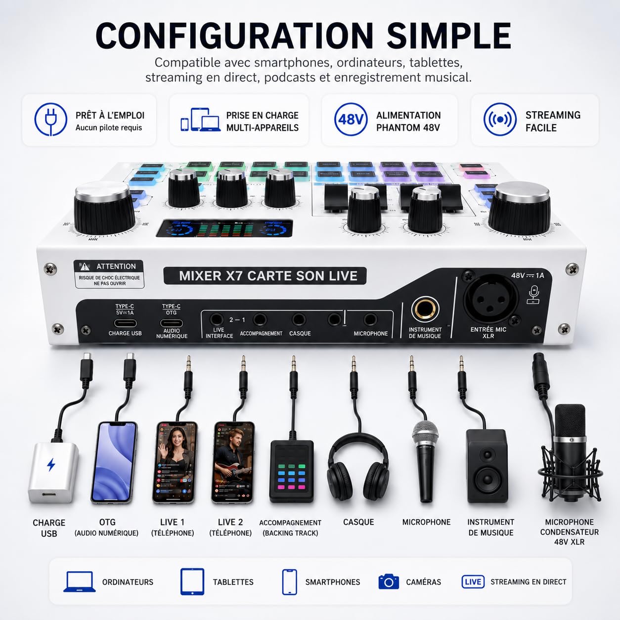 Mixeur audio USB pour podcasts et streaming, contrôleur audio DJ avec réduction du bruit, interface XLR, mixeur d'enregistrement en direct